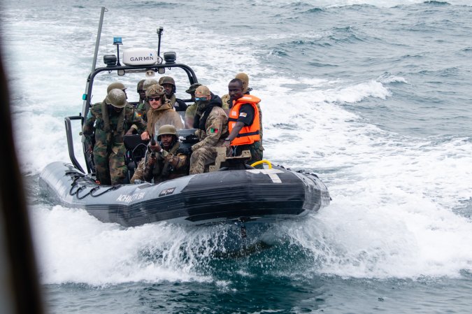 Special operations forces assigned to the Ghana Special Boat Squadron prepare to board the Italian Navy Comandante Bettica PGH-492 for a Visit, Board, Search and Seizure exercise off the coast of Takoradi, Ghana, May 16, 2024. The VBSS brought together participants from both Exercise Flintlock and Obangame Express; these exercises are multinational military operations aimed to enhance security and counterterrorism capabilities in West Africa and the Gulf of Guinea. (U.S. Navy photo by Chief Mass Communication Specialist John Pearl)