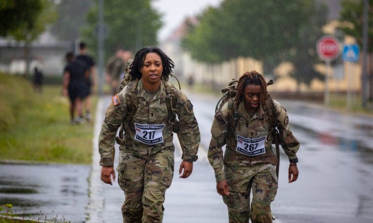 U.S. Army Soldiers assigned to various units participate in the Norwegian Ruck March in the 7th Army Training Command’s (7ATC) Grafenwoehr Training Area, Germany, July 3, 2024. 7ATC is the U.S. Army's largest overseas training command, setting the training environment and resourcing live, virtual and constructed training for all U.S. Army forces stationed to and deployed in Europe, as well as select U.S. European Command, Allied and Partner units. (U.S. Army photo by Spc. Adrian Greenwood)