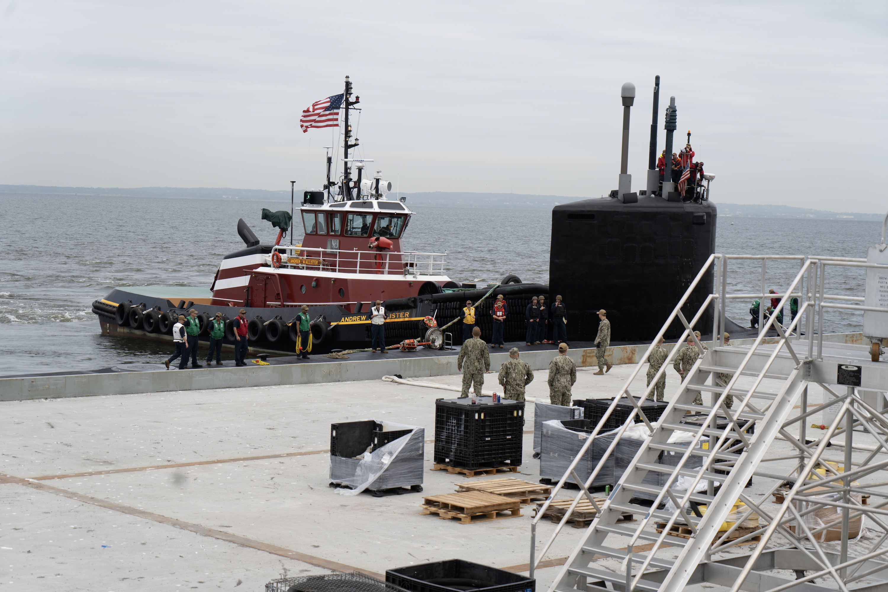 LEONARDO, New Jersey: PCU New Jersey (SSN 796) pulls into Naval Weapons Station Earle Pier Sept. 6, 2024 in preperation for the Virginia Class Fast Attach Submarine's upcomming commissioning ceremony. U.S. Navy Photo By Bill Addison/released