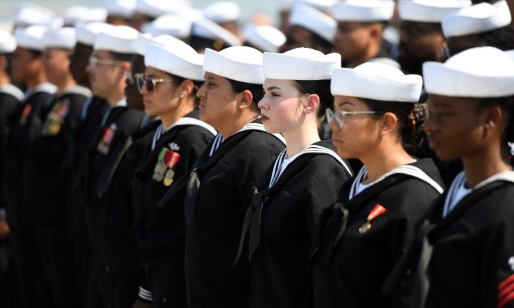 Sailors assigned to USS New Jersey (SSN 796) stand by to man their ship during a commissioning ceremony at Naval Weapons Station Earle, New Jersey on September 14, 2024. New Jersey is the first fast attack submarine designed for a fully integrated male and female crew and is the third U.S. Navy ship named after the state of New Jersey, the most recent being the decorated battleship BB-62 which saw action during WWII, the Korean War, and the Vietnam War. New Jersey and crew operate under Submarine Squadron (SUBRON) 8, whose primary mission is to provide fast-attack submarines that are ready, willing, and able to meet the unique challenges of undersea combat and deployed operations in unforgiving environments across the globe. U.S. Navy photo by Chief Petty Officer Joshua Karsten.