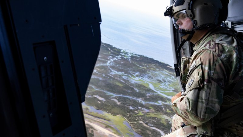 The crew of a HH-60 Black Hawk helicopter with the Florida Army National Guard’s 1st Battalion, 111th Aviation Regiment, flies a search and rescue mission over Tallahassee, Florida on Sept. 27. 2024 following Hurricane Helene hitting the state. (National Guard photo by Pfc. Eli Johnson)