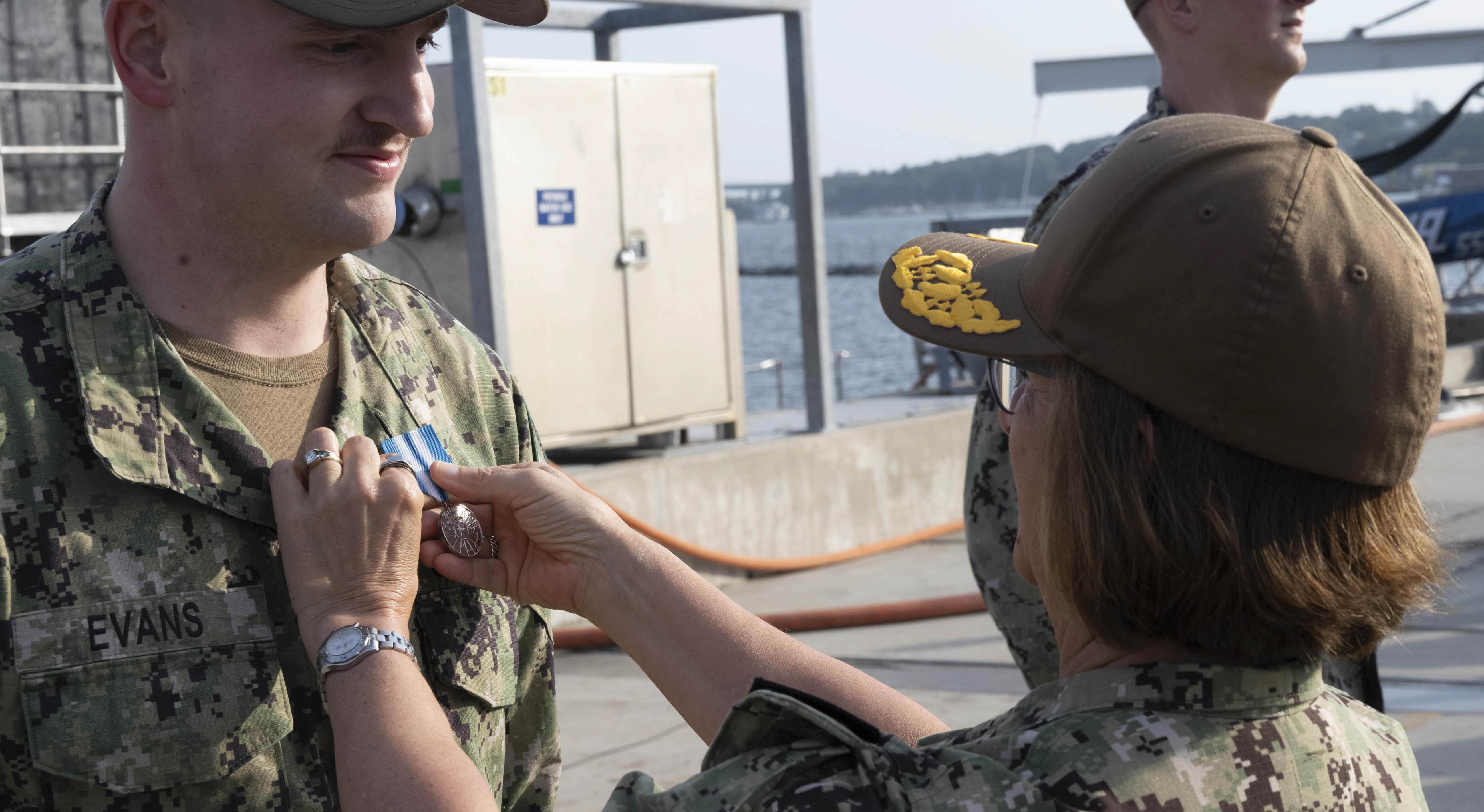 Chief of Naval Operations Adm. Lisa Franchetti presents the Arctic Service Medal to the crew of the Virginia-class attack submarine USS Indiana (SSN 789), Sept. 17, 2024. The newly created award recognizes contributions to national security and maritime superiority in the Arctic region. (U.S. Navy photo by Mass Communication Specialist 1st Class William Spears)