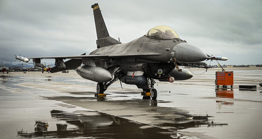 A F-16D Fighting Falcon assigned to Shaw Air Force Base, S.C., sits on an alert mission during EXERCISE BAMBOO EAGLE 24-1 Feb. 1, 2024, at March Air Reserve Base, California. Bamboo Eagle is an exercise designed to provide an expeditionary air base environment where allied forces focused on Agile Combat Employment command and control, Air Superiority, and Joint War at Sea. (U.S. Air Force photo by Kekoa Santiago)