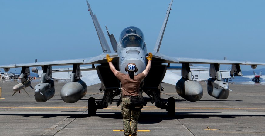 NAVAL AIR STATION WHIDBEY ISLAND, Washington (July 13, 2024) An E/A-18G Growlers, assigned to the "Zappers" of Electronic Attack Squadron (VAQ) 130, return home to Naval Air Station Whidbey Island, Washington, July 13,2024, after a deployment with the Dwight D. Eisenhower Carrier Strike Group. The Dwight D. Eisenhower Carrier Strike Group returned to homeport after a nine-month deployment to the U.S. 5th and 6th Fleet areas of operations to support maritime security, promote regional stability and deter aggressions. (U.S. Navy Photo by Mass Communication Specialist 1st Class William Sykes)