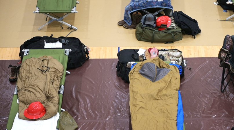 Temporary living quarters were established in the fitness center at Moody Air Force Base, Georgia, Sept. 30, 2024, to accommodate members of the 823rd RED HORSE. Deployed from Hurlburt Field, Florida, these Airmen are supporting recovery efforts following the devastation caused by Hurricane Helene. (U.S. Air Force photo by Staff Sgt. Jessi Roth)