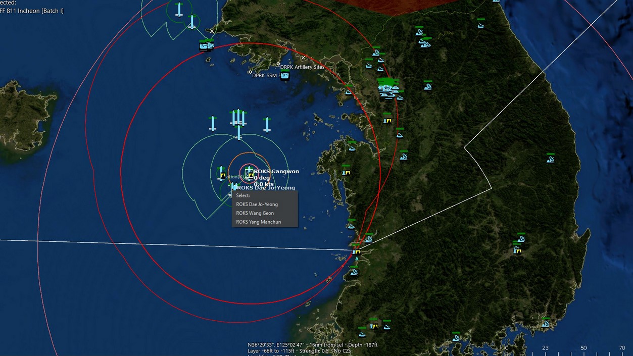 Screenshot of the video game Command, showing a two-dimensional grid off of the Korean Peninsula and a ship on the western side of it.