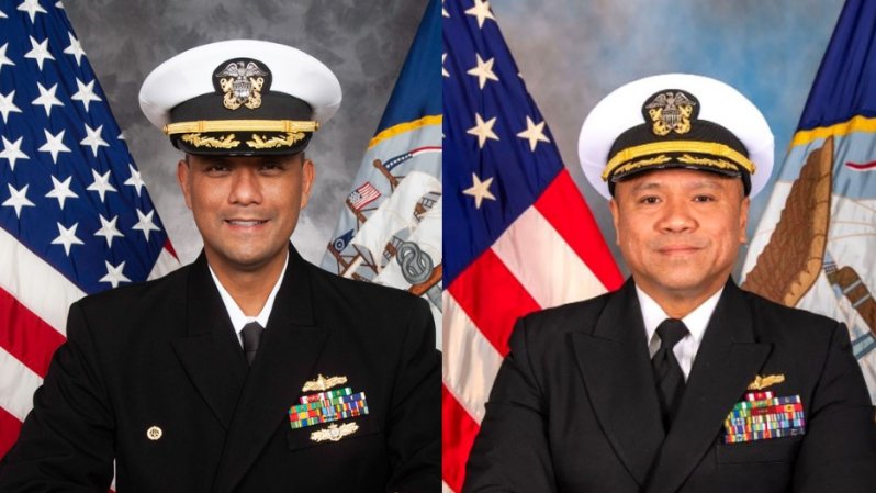 Two Naval officers in full dress uniform with white hats, in a composite image, each sitting in front of the American flag.