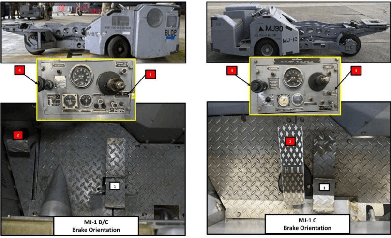 Images showing two different types of pedal layouts for an MJ-1 weapons loader, one with the accelerator and brake pedals close together, the other far apart.