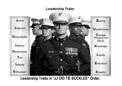 A screenshot from the Leading Marines publication shows the updated leadership traits, now listed as "JJ DID TIE BUCKLEE"