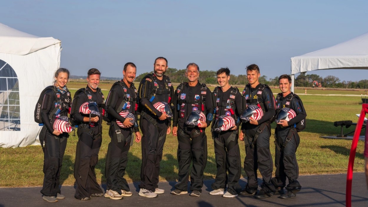 The members of Team USA 8-Way, including three active-duty soldiers and three veterans, at the World Skydiving Championships.