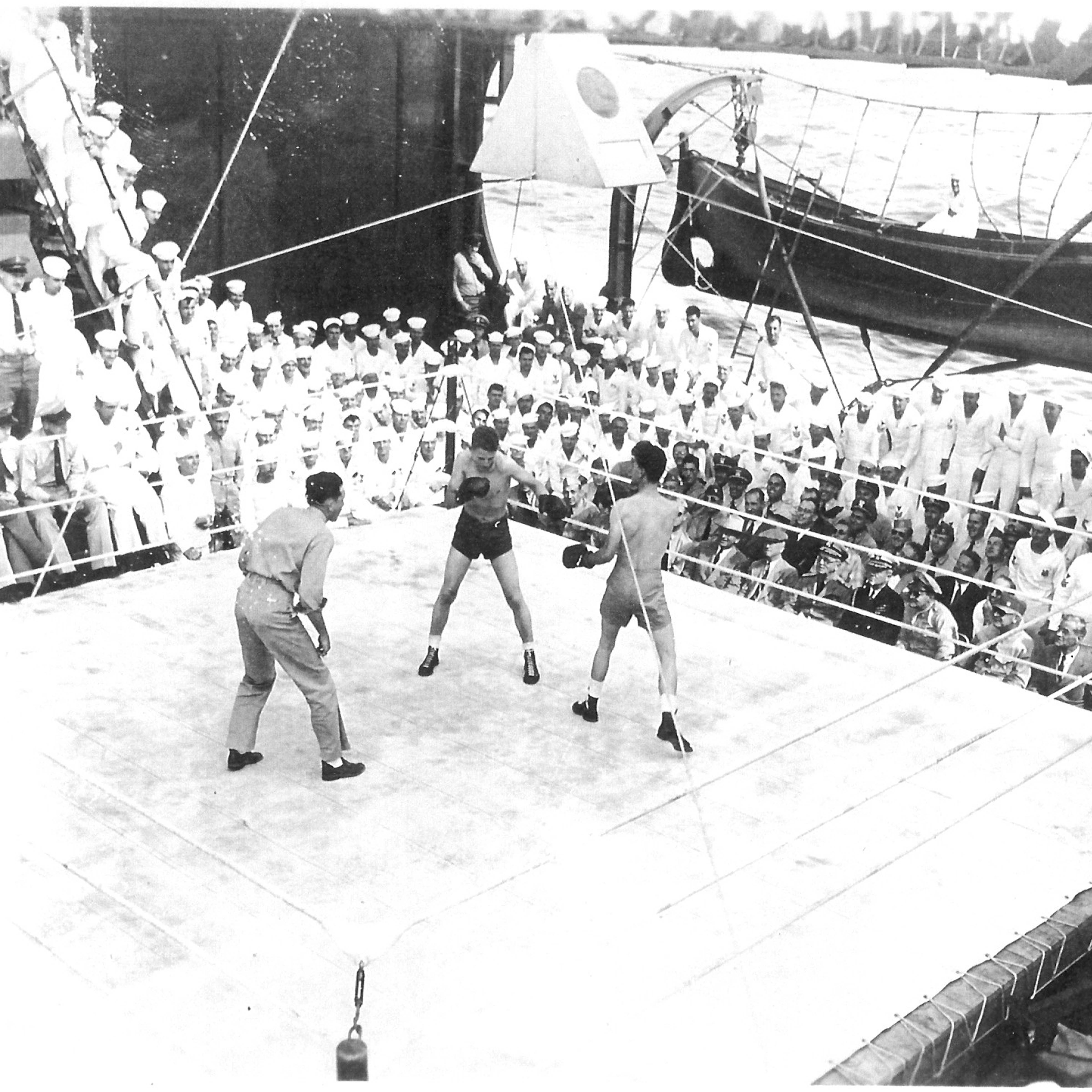 Boxers going at it aboard the USS Augusta during a 1945 "smoker" event