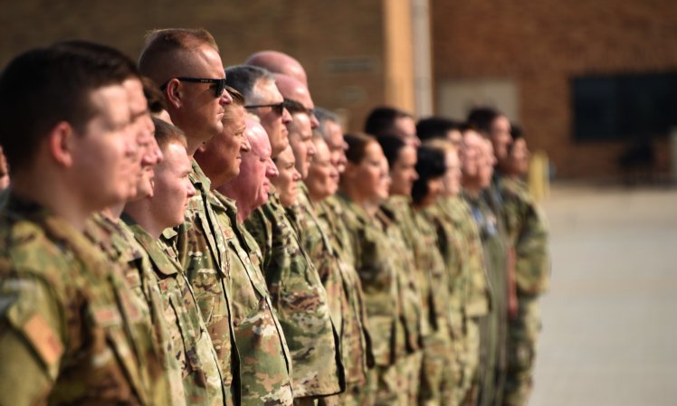 Airmen of the Iowa Air National Guard’s 185th Air Refueling Wing take part in a 9/11 20th anniversary ceremony in Sioux City, Iowa September 11, 2021. During the ceremony 185th Wing Commander Col. Muckey reminded members of the importance of remembering the events that took place on September 11, 2001 and the many achievements the unit had accomplished since. (U.S. Air National Guard photo by Tech. Sgt. Ter Haar/Released)