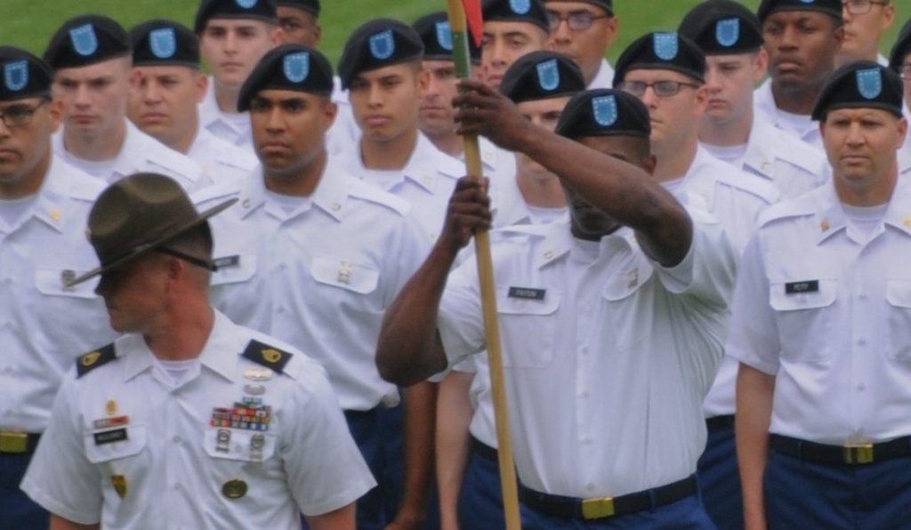 Soldiers stand in formation during the 1st Battalion, 46th Infantry Regiment, 194th Armored Brigade, Basic Combat Training Graduation Ceremony on the Inouye Parade Field at the National Infantry Museum in Columbus, Ga., June 19, 2019. The parade field, which was built in 2009, is sprinkled with soil from the battlegrounds of Yorktown, Va., Antietam at Sharpsburg, Md., Soissons and Normandy, France, Corregidor Island, Philippines, Korea, Vietnam, Iraq, and Afghanistan. Now, every infantryman who graduates from Fort Benning, Ga., receives the honor of walking across the hallowed ground that heroes before them fought on during every major American conflict. Educators from Louisiana, Mississippi and Tennessee attended the ceremony during the U.S. Army, Baton Rouge Recruiting Battalion Education Tour at the Maneuver Center of Excellence in Fort Benning, Ga., from June 19 to June 21, 2019. (U.S. Army photo by Adam Garlington, Baton Rouge Recruiting Battalion)