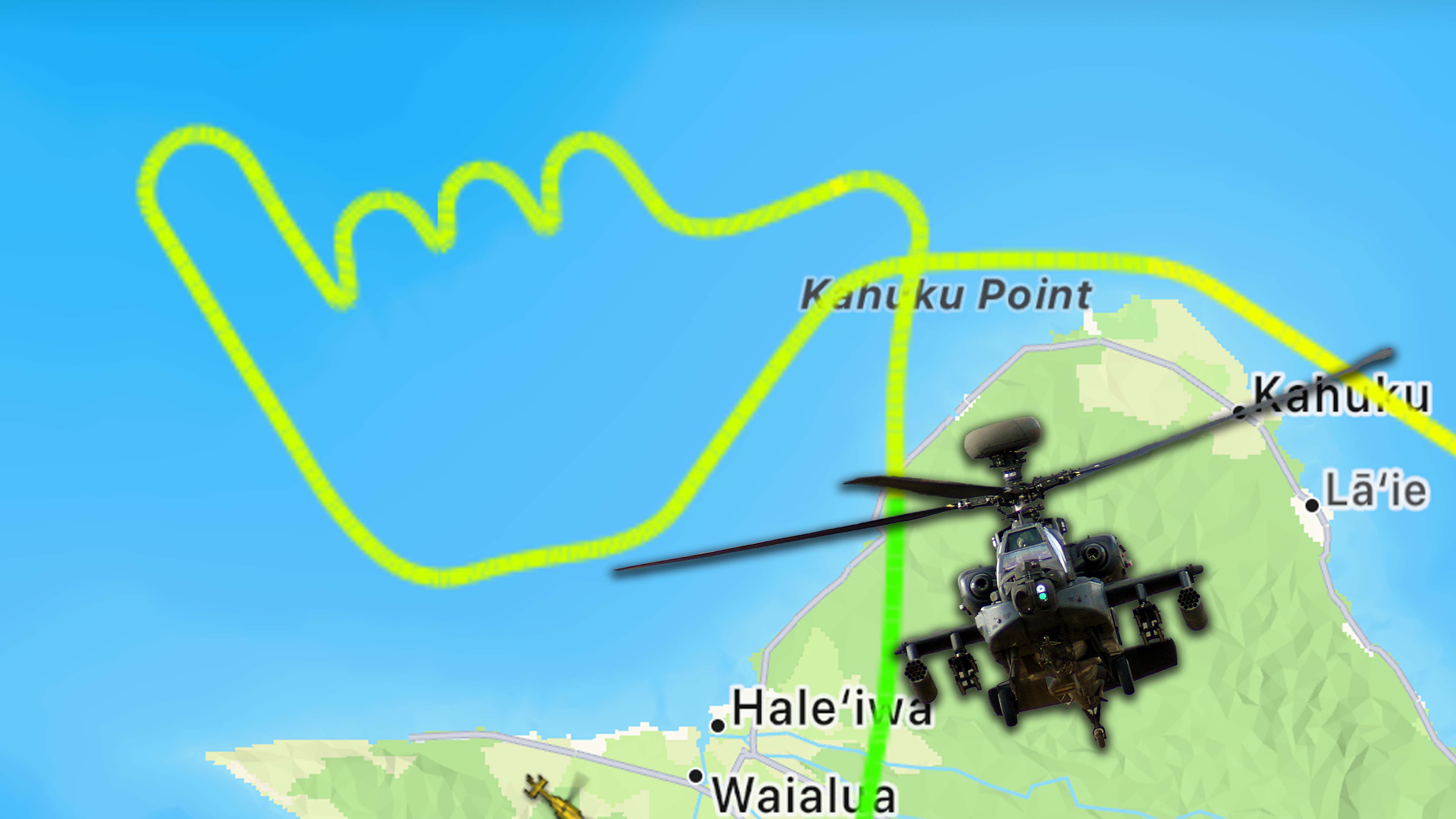 An Army AH-64E Apache flight path drew 'hang loose' sign in sky