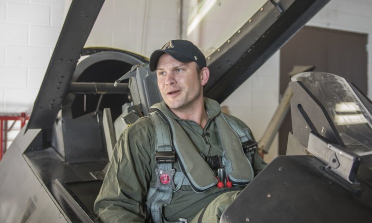 Pete Hegseth, a Fox News Contributor, visits the 138th Fighter Wing, Detachment 1, at Ellington Field, TX, on Feb. 1, 2017. Hegseth met with 138th Operations Group personnel, prior to his incentive ride in an F-16 Fighting Falcon, in order to be fully prepared for the experience of flying in a fighter jet. (U.S. Air National Guard photo by Tech. Sgt. Drew A. Egnoske)