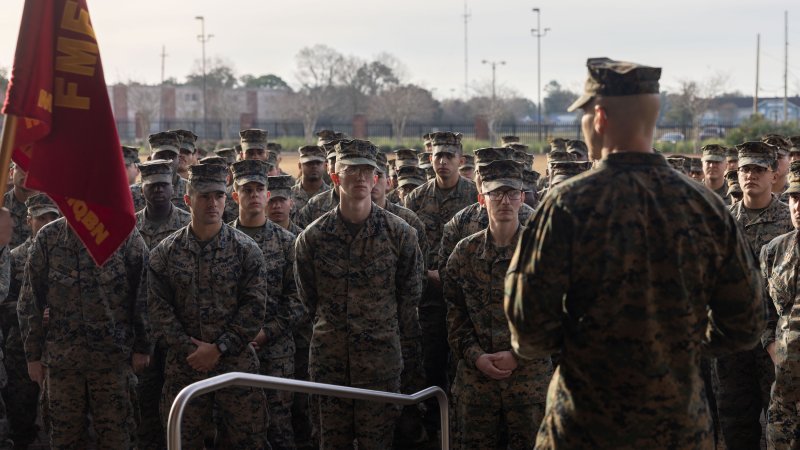 U.S. Marine Corps Col. Jason Burkett, commanding officer, Headquarters Battalion, Marine Forces Reserve, speaks to Marines during a battalion formation at Marine Corps Support Facility New Orleans, Feb. 1, 2024. This battalion-wide formation was held to brief future events and address questions regarding the battalion. (U.S. Marine Corps photo by Lance Cpl. Juan Diaz)