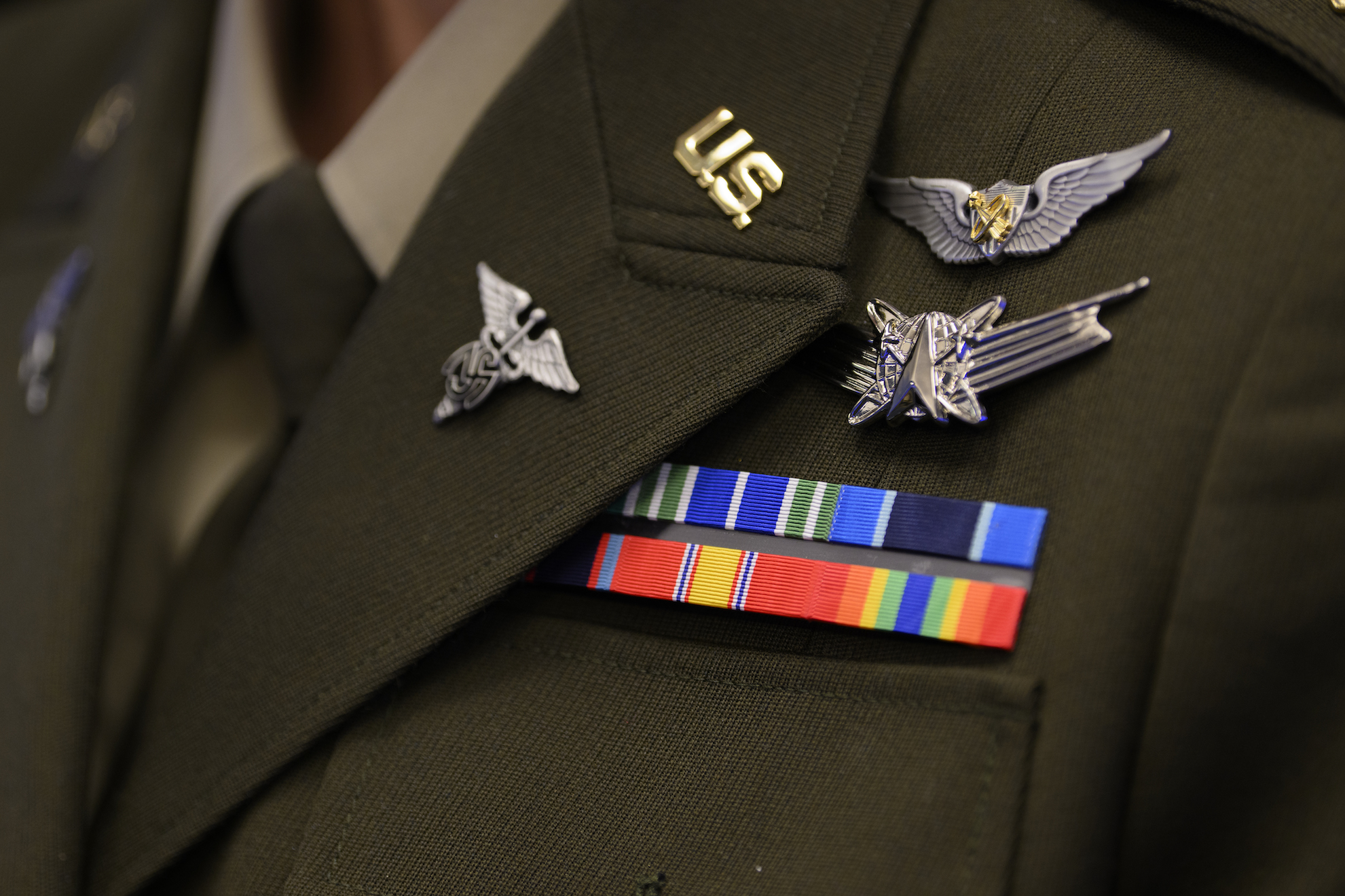 U.S. Army Maj. Kathleen Rubins wears the Basic Aviator Badge with the Astronaut Device and Space Operations Badge at the Pentagon, Arlington, Va., Nov. 21, 2024. Rubins is the first Army Reserve officer to receive the Basic Aviation Badge with Astronaut Device. (U.S. Army photo by Sgt. Daniel Hernandez)