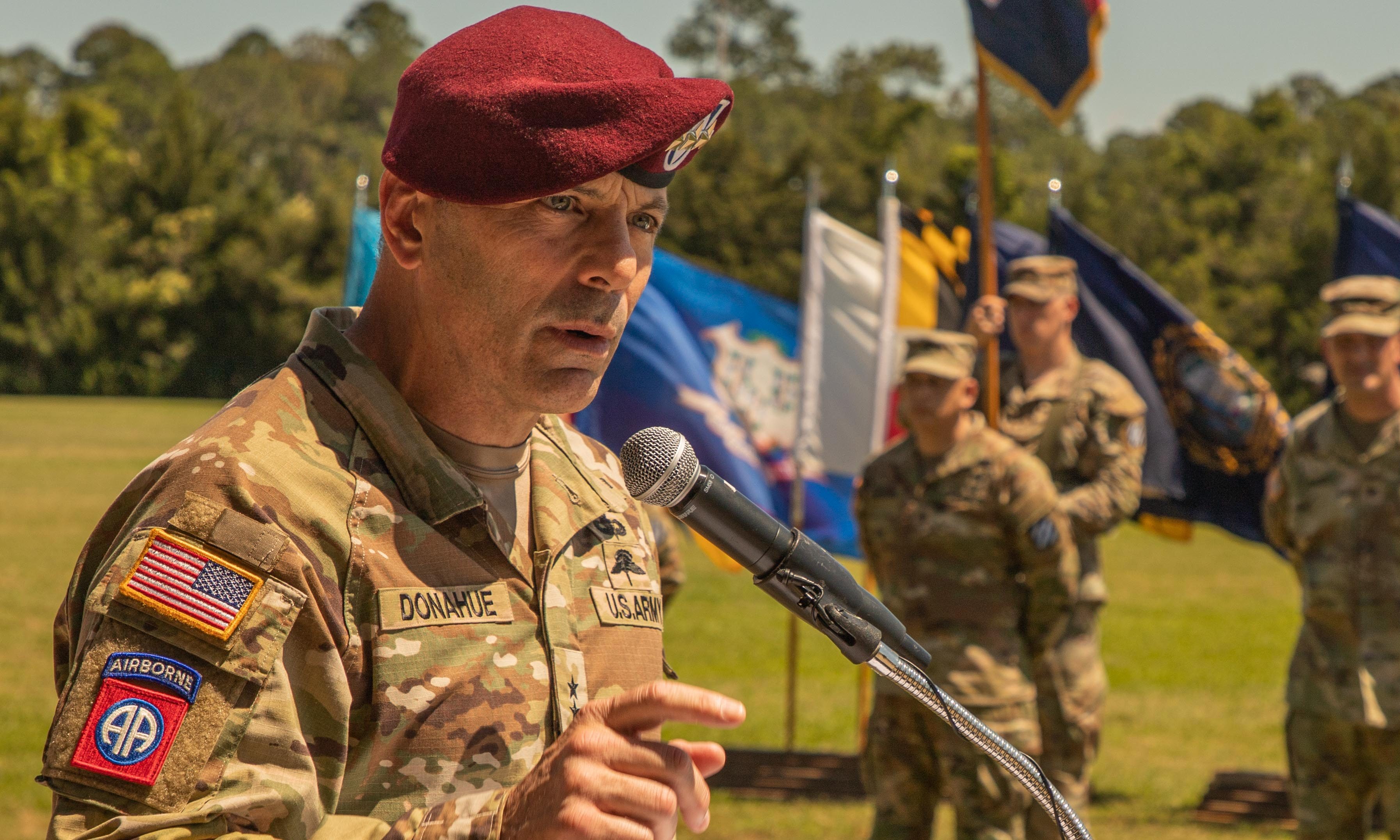 U.S. Army Lt. Gen. Christopher Donahue, Commanding General of the XVIII Airborne Corps, gives a speech during an uncasing ceremony at Fort Stewart, Georgia, May 16, 2024. The uncasing ceremony is an Army tradition that represents the point in time when a unit’s mission overseas is complete. (U.S. Army photo by Sgt. Jonathon Downs)