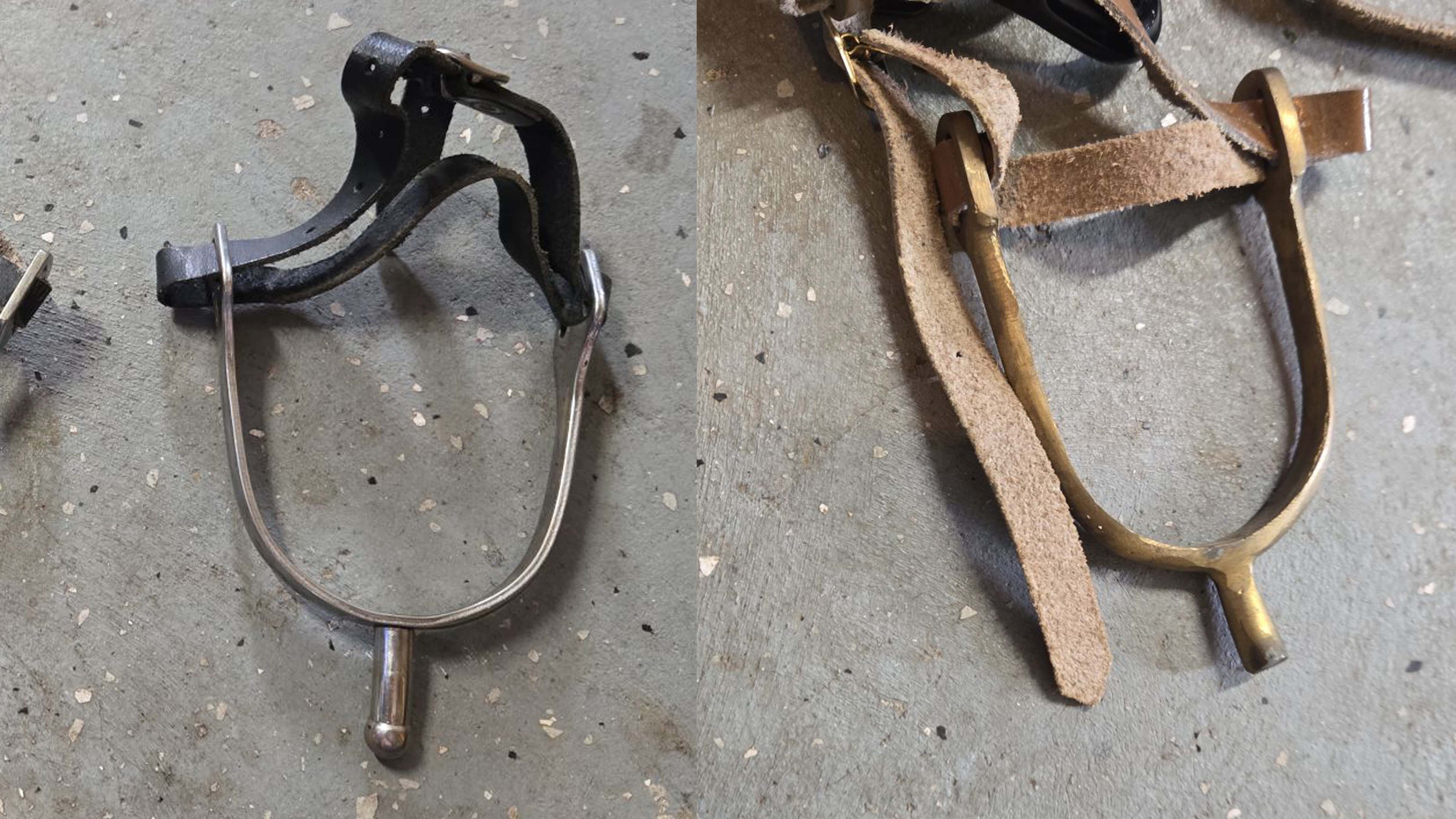 Matt Moorehead's silver (left) and gold (right) spurs. Commonly called "combat spurs," Moorehead's—like David Schlueter's—spurs were made from spent brass during one of his deployments. (Photos courtesy of Matt Moorehead)