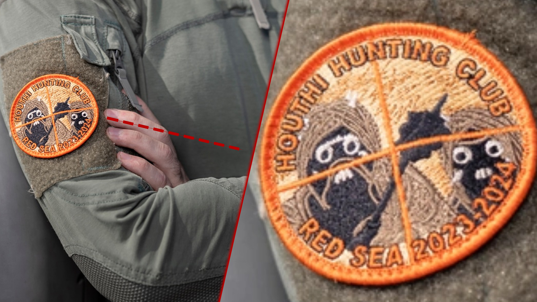 Close up of a patch on a Navy uniform. The patch shows the Tusken Raiders from Star Wars in crosshairs, with the caption "Houthi Hunting Club 2023-2024."