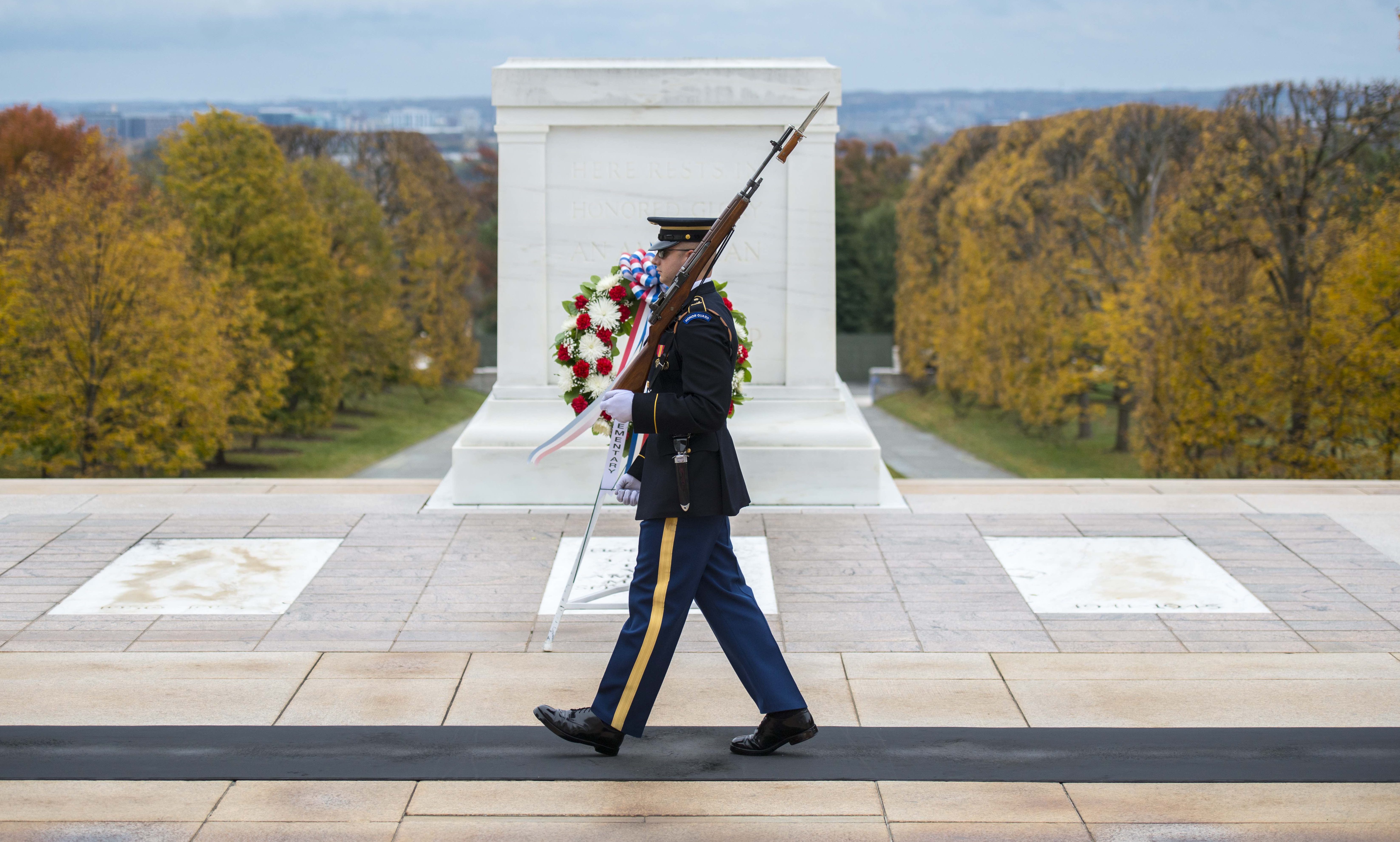 A sentinel from the 3d U.S. Infantry Regiment (The Old Guard) guards the Tomb of the Unknown Soldier at Arlington National Cemetery, Arlington, Virginia, Nov. 2, 2018. (U.S. Army photo by Elizabeth Fraser / Arlington National Cemetery / released)