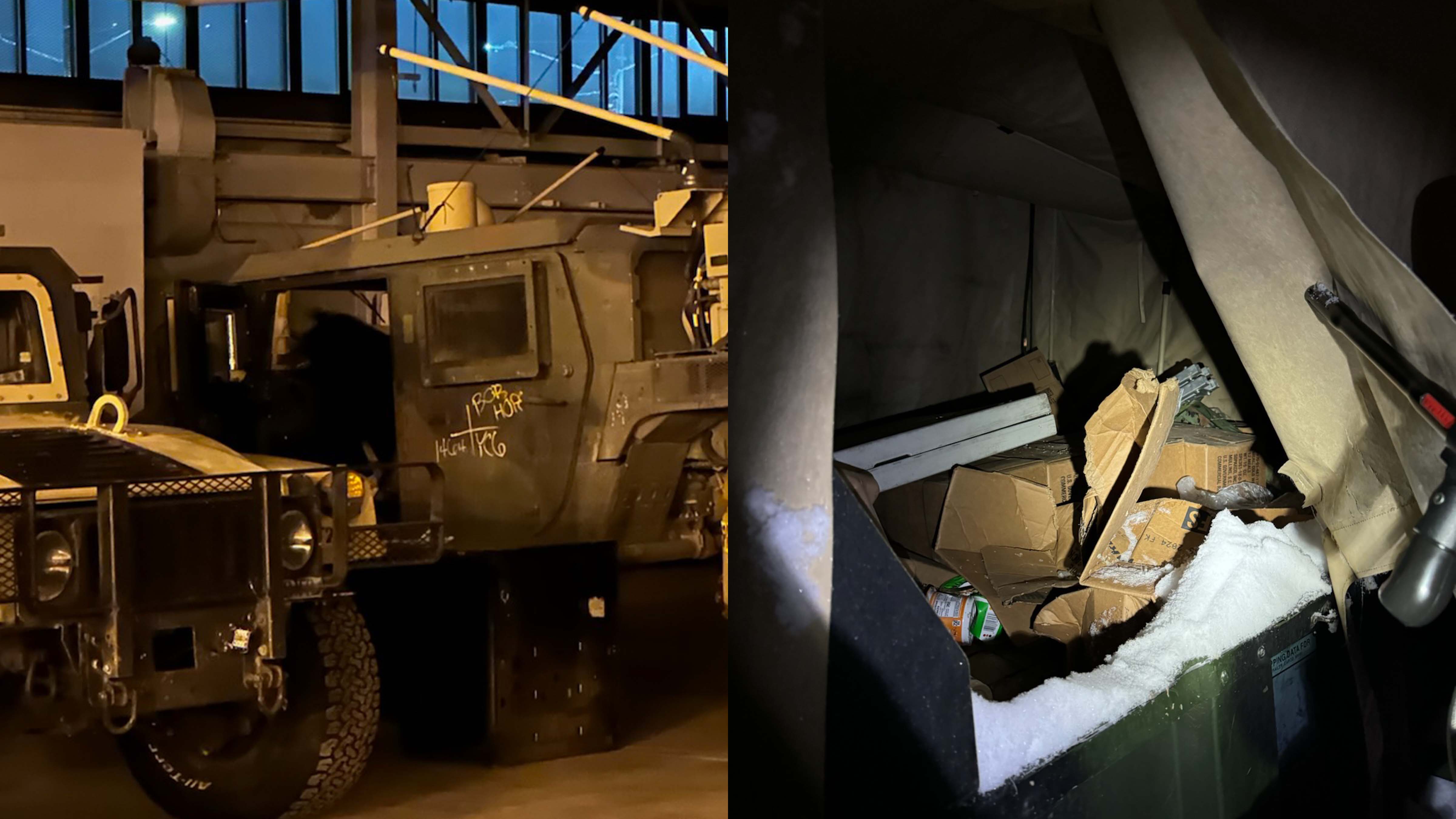 A black bear inside a High Mobility Multipurpose Wheeled Vehicle, or humvee, at a Joint Base Elemendorf-Richardson motor pool (left)