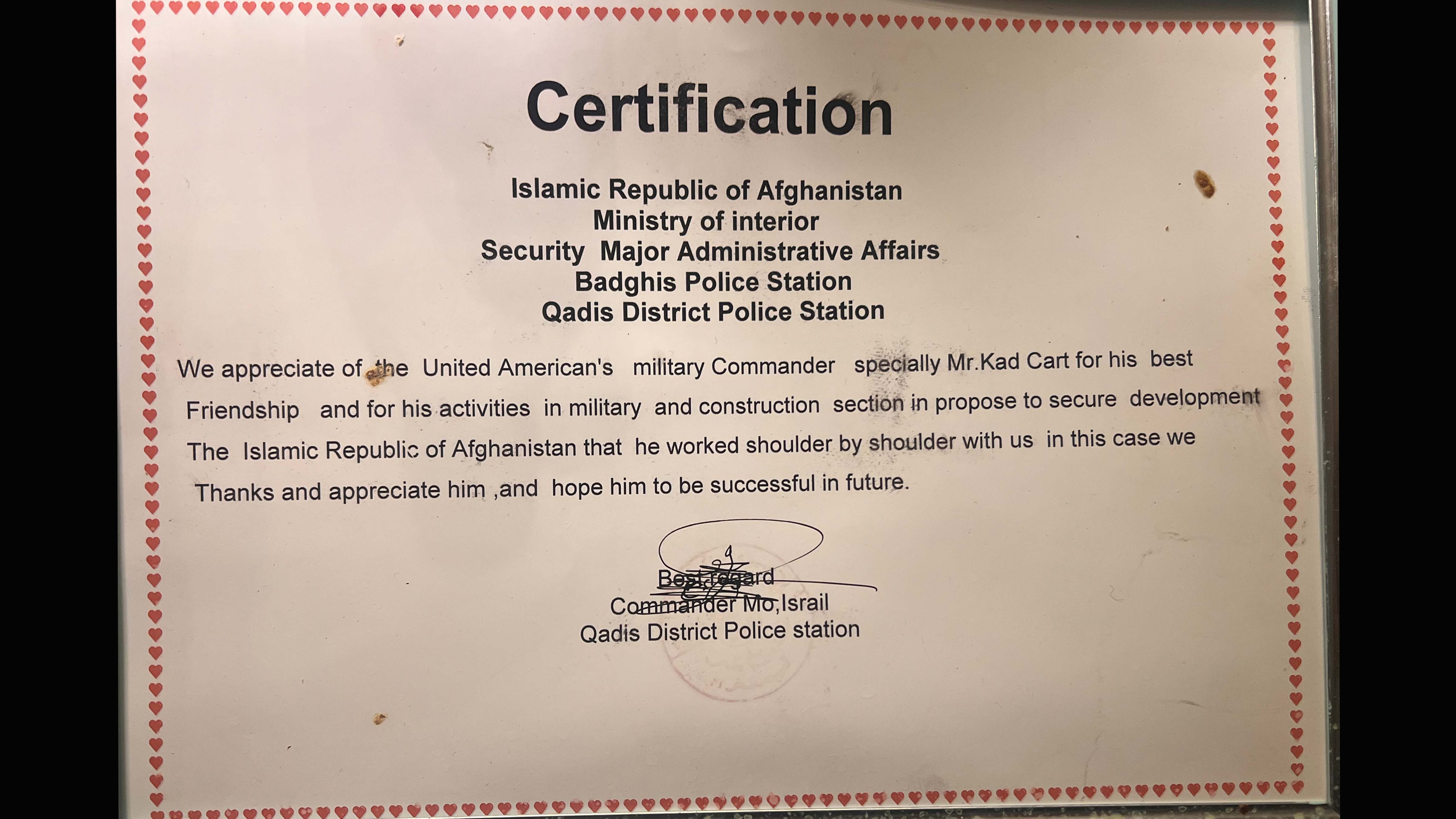 A certificate of appreciation from Afghan police to Garrett Cathcart.