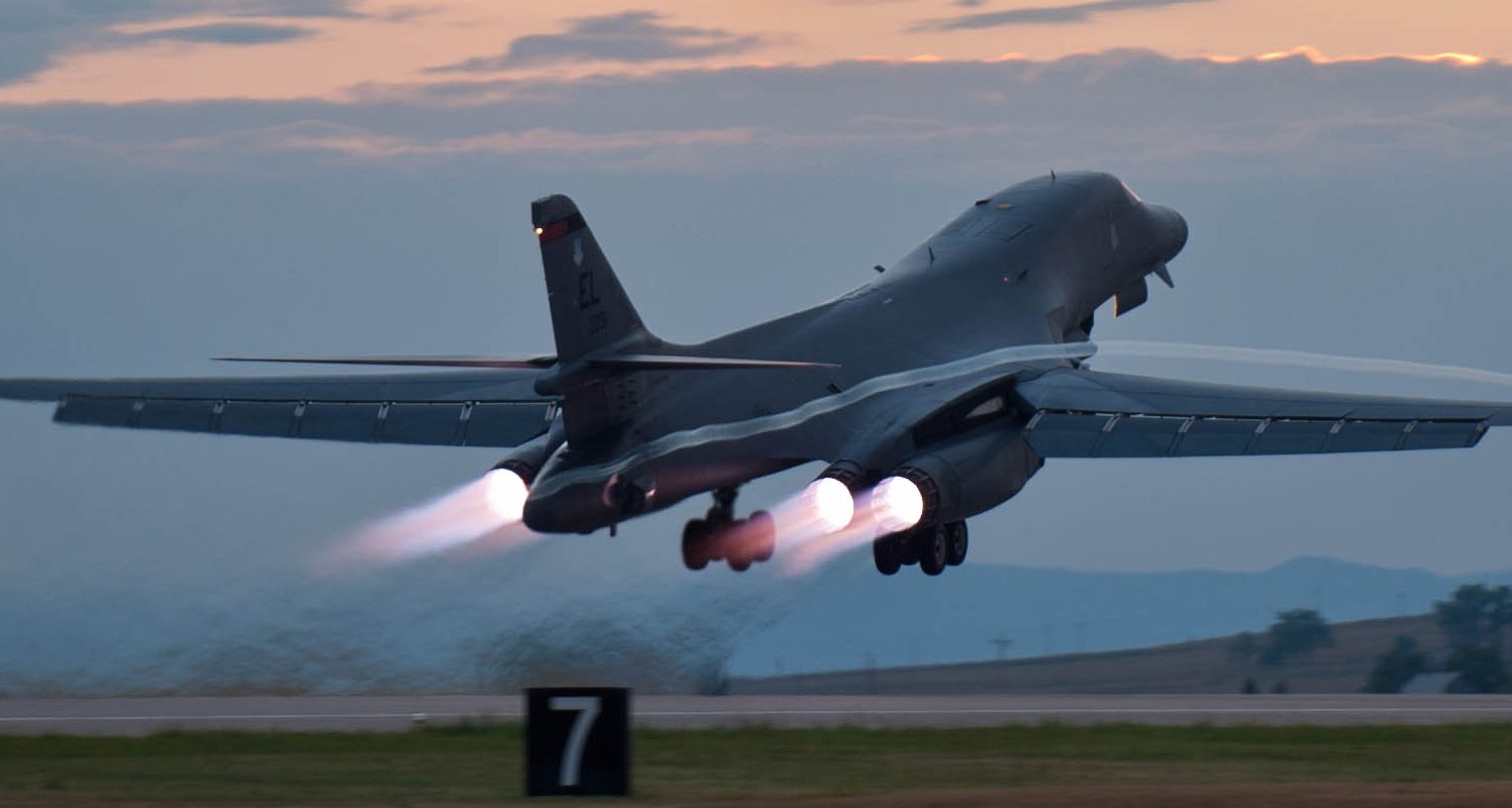 A B-1 bomber rumbles down the flightline at Ellsworth Air Force Base, S.D., July 24, 2012 as part of a training mission. Each of the B-1's four engines is capable of producing 30,000-plus pounds of thrust.