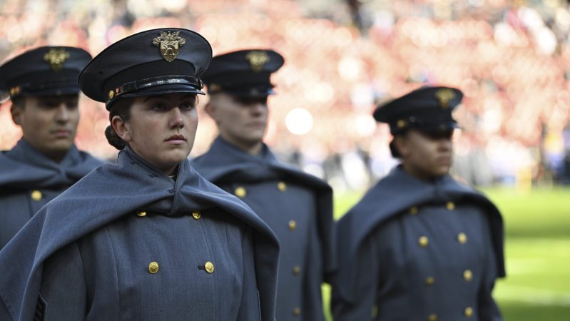 A West Point cadet marches in formation on the field of Northwest Stadium as part of the pre-game ceremonies for the 125th Army Navy football game in Landover, Md., Dec. 14, 2024 (U.S. Army photo by Sgt. Daniel Hernandez)