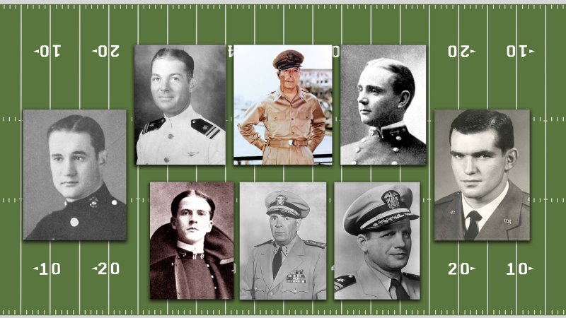 Seven officers from the Naval Academy and Military Academy, West Point have played football for their respective teams and earned the Medal of Honor.