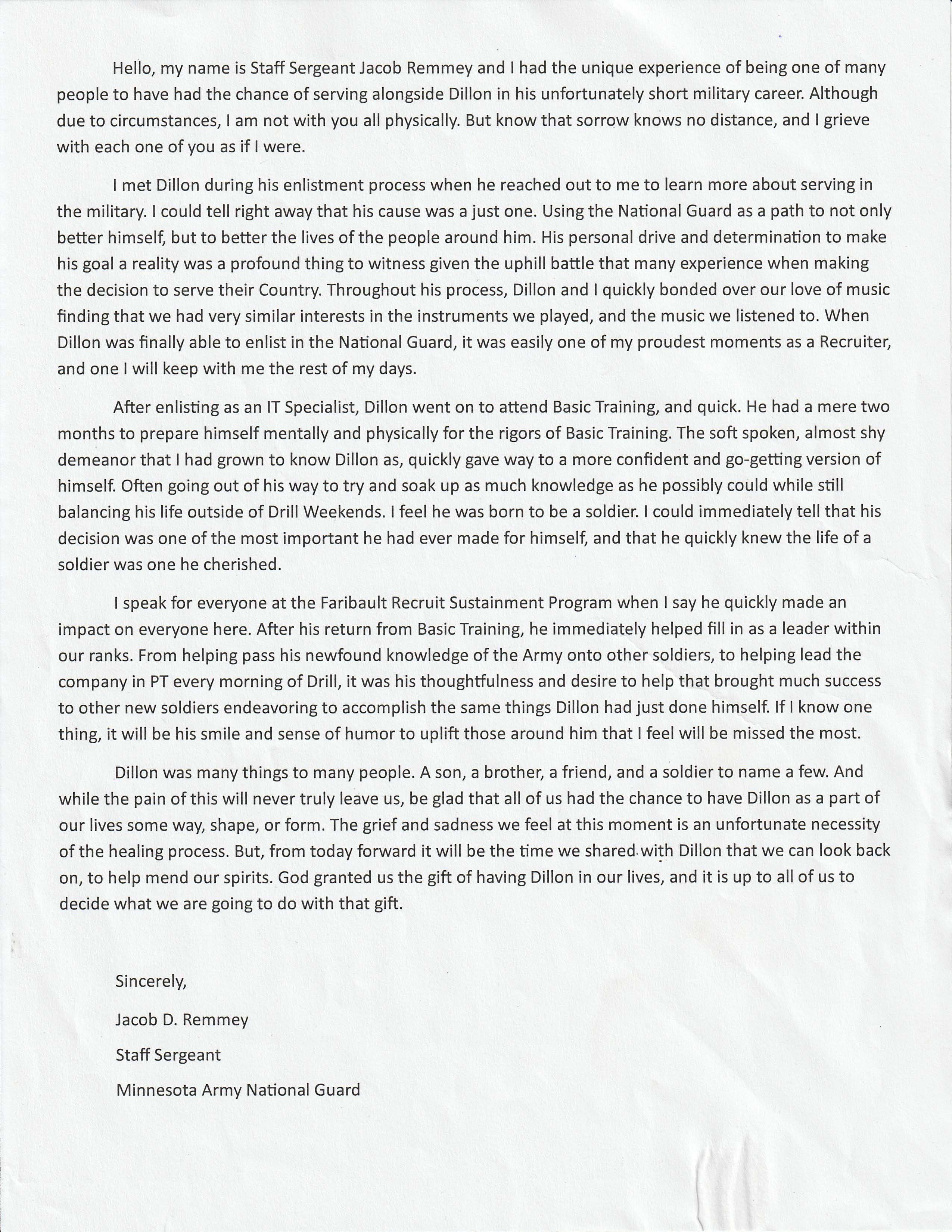 A letter from Dillon Easton's recruiter to his family after the National Guard soldier's sudden death.