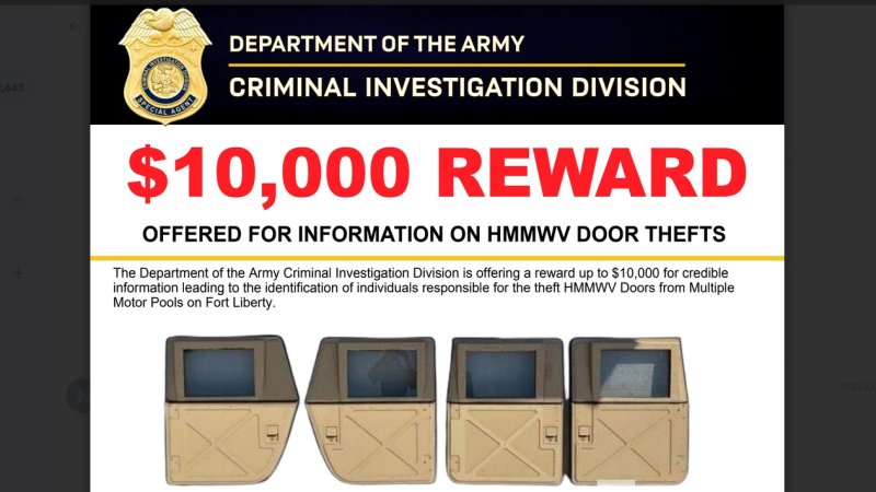 An Army CID rewards flyer with pictures of Humvee doors and big text reading $10,000 reward.