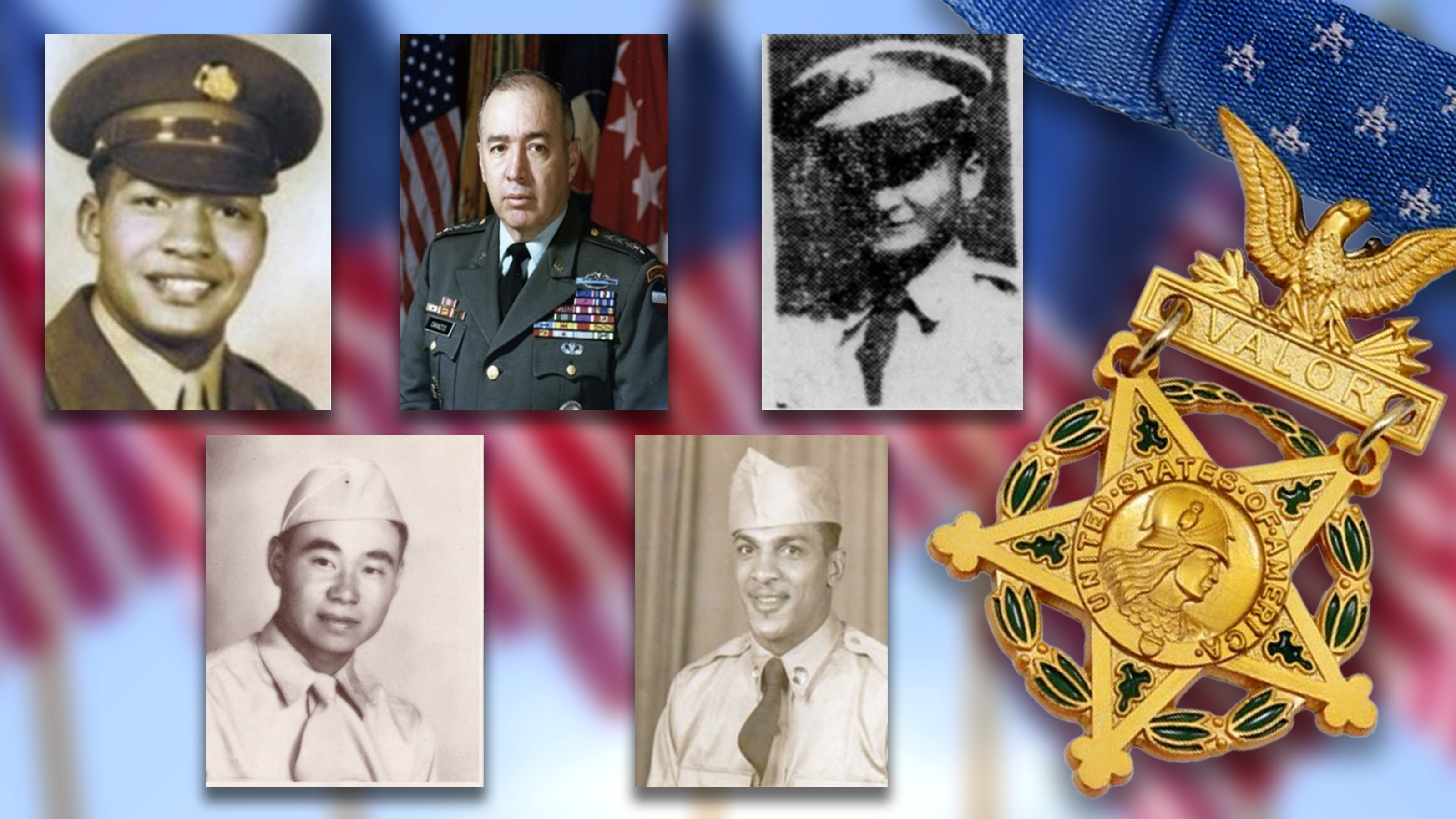 A composite of five men in military uniform. One is in color the rest are black and white photographs.