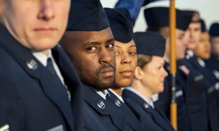 Class 19 Charlie Airmen perform a dress right dress movement prior to an open ranks inspection March 19 at Eglin Air Force Base, Fla. The 64 Airmen are in their fourth week of five of Airman Leadership School. ALS attendance is a mandatory step in becoming an Air Force non-commissioned officer. More than 300 Airmen complete the course at Eglin each year. (U.S. Air Force photo/Samuel King Jr.)