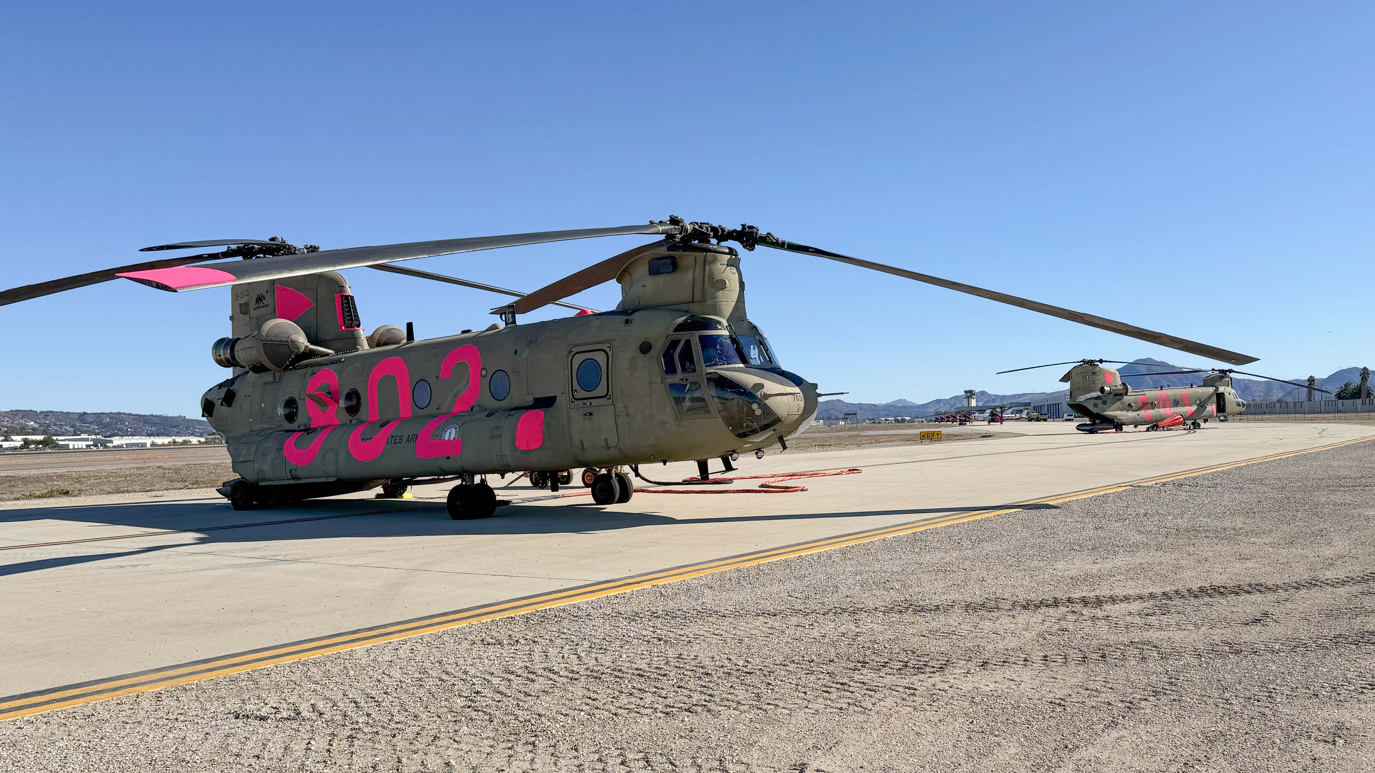 Chief Warrant Officer 5 Joseph Rosamond's Chinook standing by in Stockton, California.