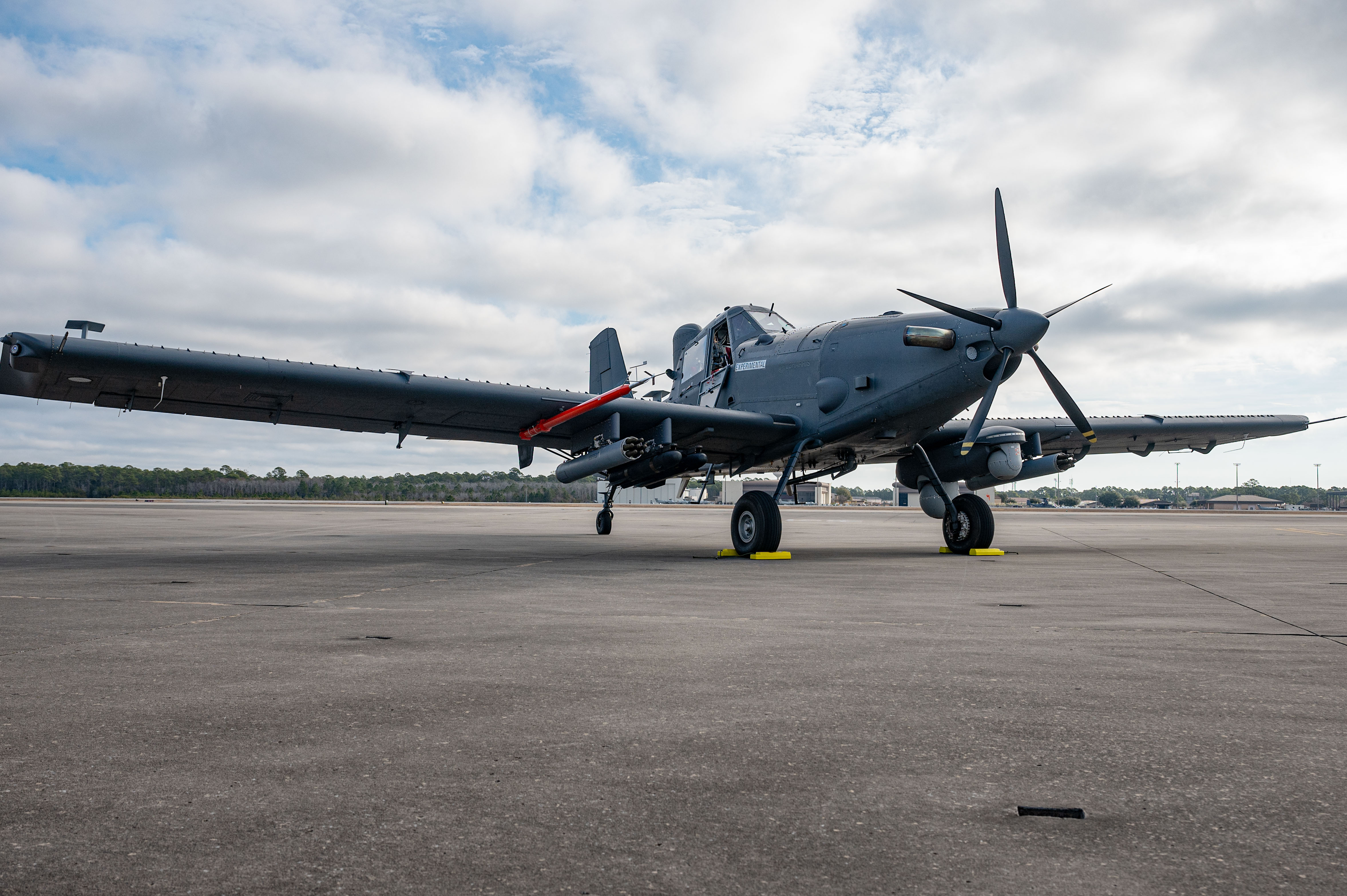 A U.S. Air Force OA-1K Skyraider II is parked on the flightline at Hurlburt Field, Florida, Jan. 28, 2025. The OA-1K Skyraider II is a new, flexible, cost-effective crewed aircraft adaptable to deliver capabilities in support of defense priorities. (U.S. Air Force photo by Staff Sgt. Natalie Fiorilli)