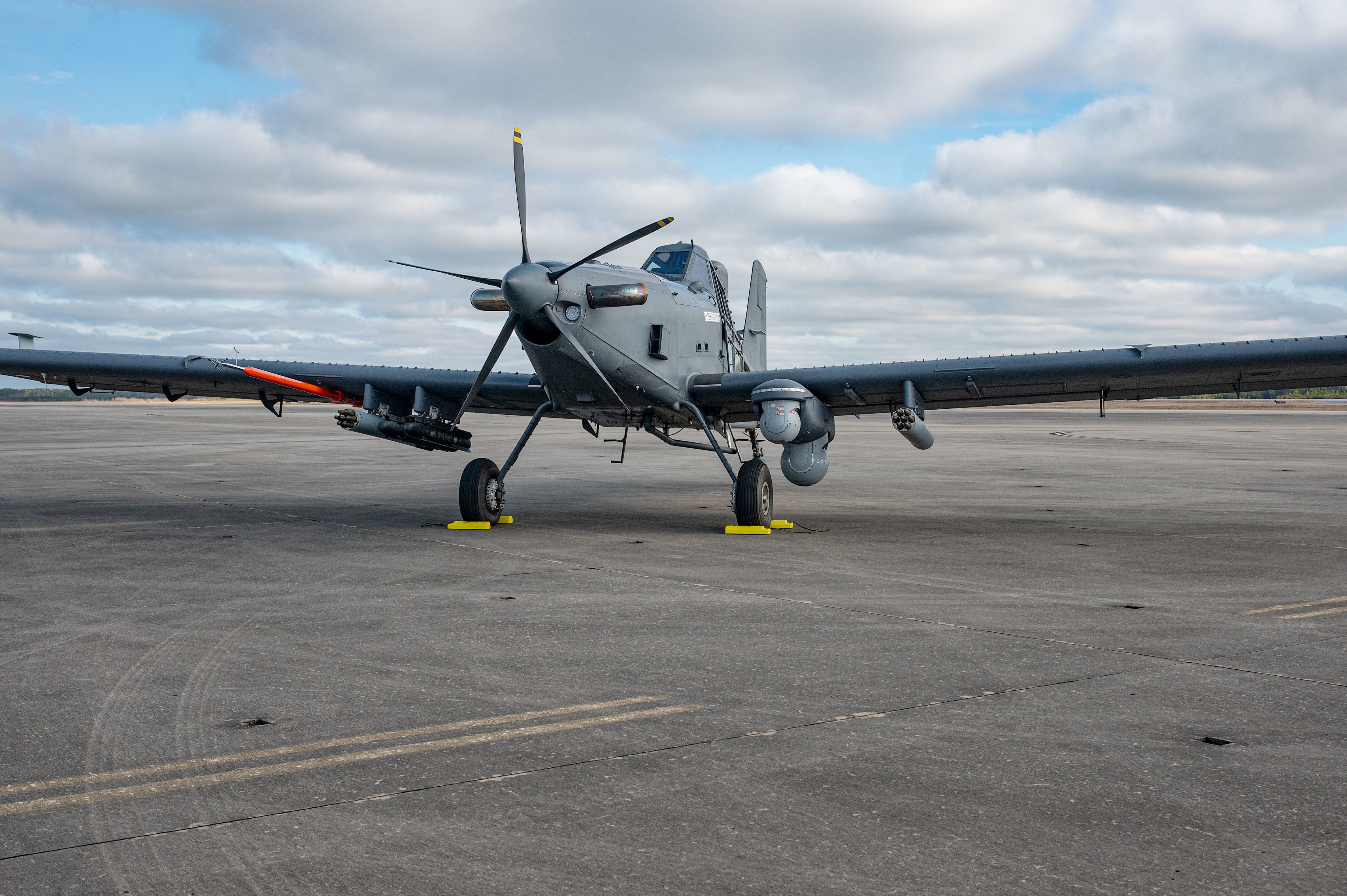 A U.S. Air Force OA-1K Skyraider II is parked on the flightline at Hurlburt Field, Florida, Jan. 28, 2025. Air Force Special Operations Command Leadership announced the name for the OA-1K during the Special Air Warfare Symposium in Fort Walton Beach, Florida, Feb. 27, 2025. The moniker renews the versatile nature of the A-1 Skyraider, which operated from 1946 through the early 1980s. (U.S. Air Force photo by Staff Sgt. Natalie Fiorilli)