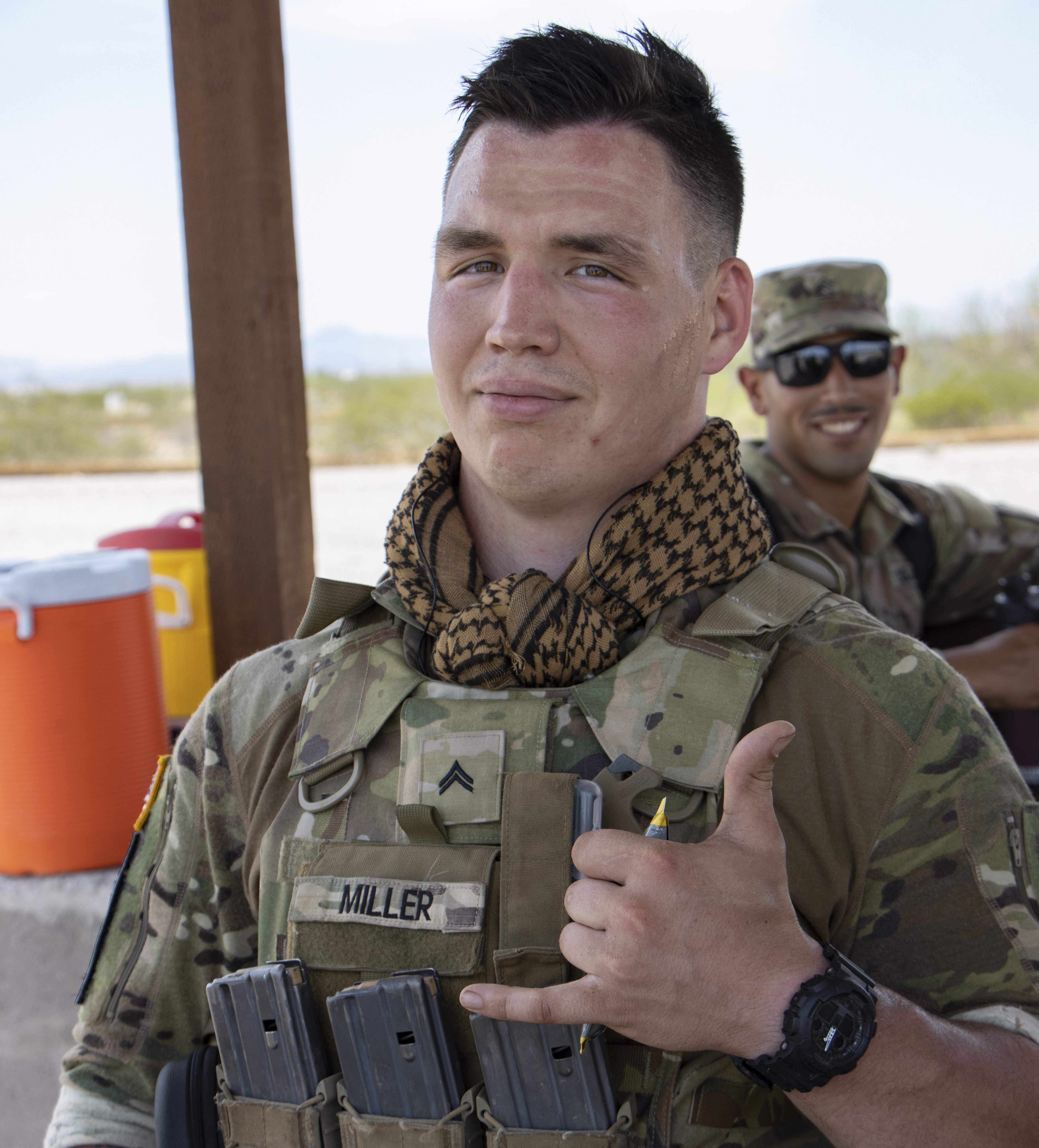 New York Army National Guard Corporal Dakoatah Miller takes a break during the Army National Guard Best Warrior competition at at Florence Military Reservation, Arizona, on July 20, 2021. Miller, a member of the 2nd Battalion, 108th Infantry Regiment, will be attending the special international students class at the Brazilian Jungle Warfare Training Center in October and November.(US Army photo by Sgt. Thurman Snyder).