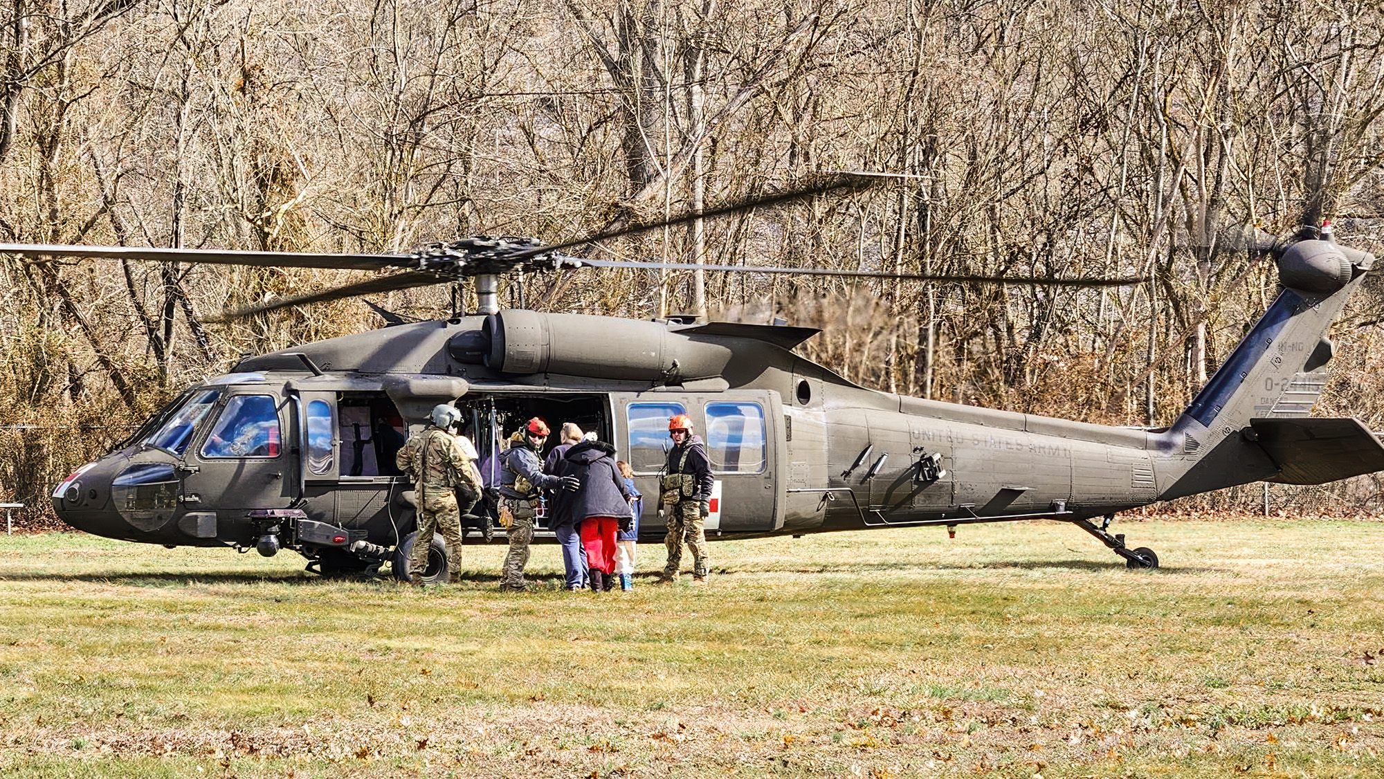 Airmen from the Kentucky Air National Guard’s 123rd Special Tactics Squadron evacuate 296 stranded residents from two housing complexes surrounded by floodwaters in Martin County, Kentucky, Feb. 17, 2025. The residents were flown to the Big Sandy Regional Airport in Debord, Kentucky, aboard UH-60 Black Hawk helicopters from the Indiana Army National Guard and the Kentucky Army National Guard’s 63rd Theater Aviation Brigade. (U.S. Air National Guard photo by Tech. Sgt. Robert Walker)