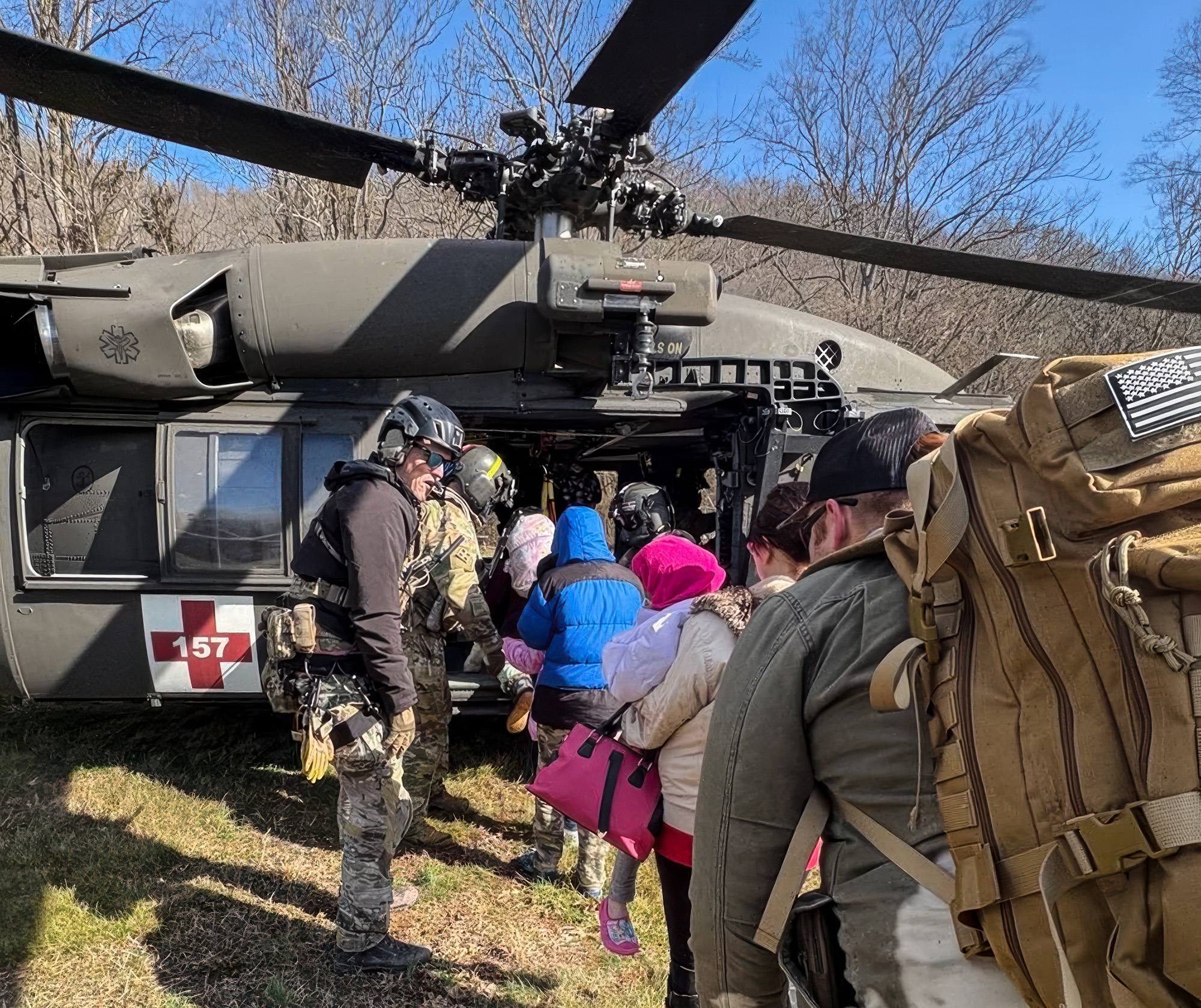 Airmen from the Kentucky Air National Guard’s 123rd Special Tactics Squadron evacuate 296 stranded residents from two housing complexes surrounded by floodwaters in Martin County, Kentucky, Feb. 17, 2025. The residents were flown to the Big Sandy Regional Airport in Debord, Kentucky, aboard UH-60 Black Hawk helicopters from the Indiana Army National Guard and the Kentucky Army National Guard’s 63rd Theater Aviation Brigade. (U.S. Air National Guard photo by Master Sgt. Jon Shreve)