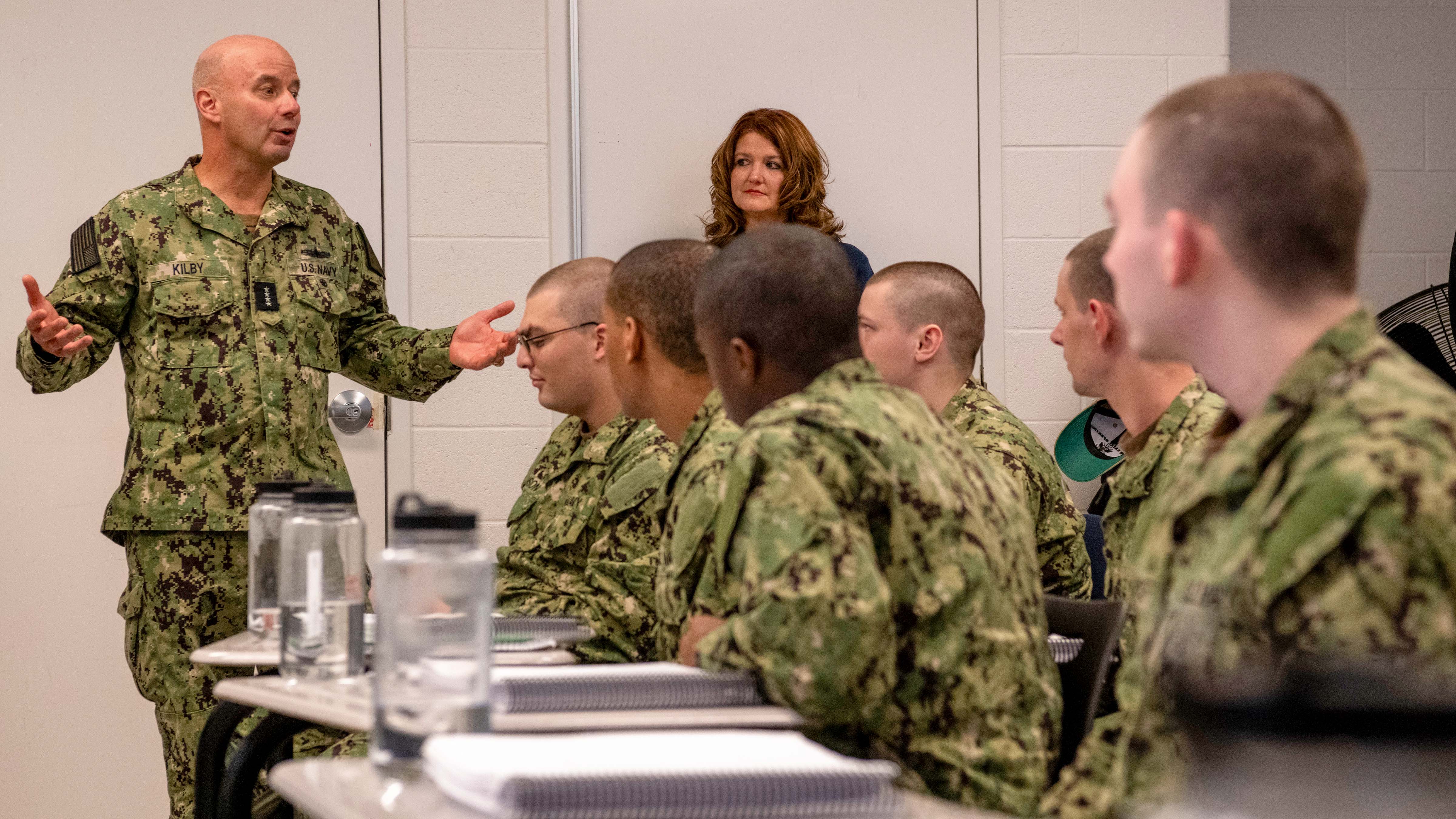 Vice Chief of Naval Operations Adm. Jim Kilby talks to a Future Sailor Prep Course class during a visit to Recruit Training Command, Nov. 22, 2024. More than 40,000 recruits train annually at the Navy's only boot camp.