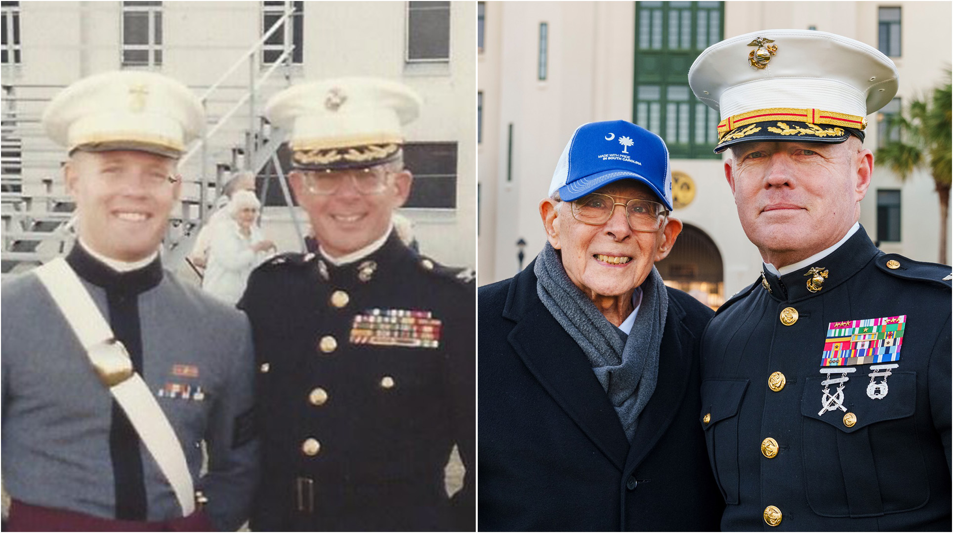 Col. Myron Harrington, left in both photos, and Col. Thomas Gordon, commandant of The Citadel in Charleston, South Carolina. The photo on the left is the two men on Gordon's graduation day from the school, while on the right is from 2024 when a now-retired Gordon was commandant.