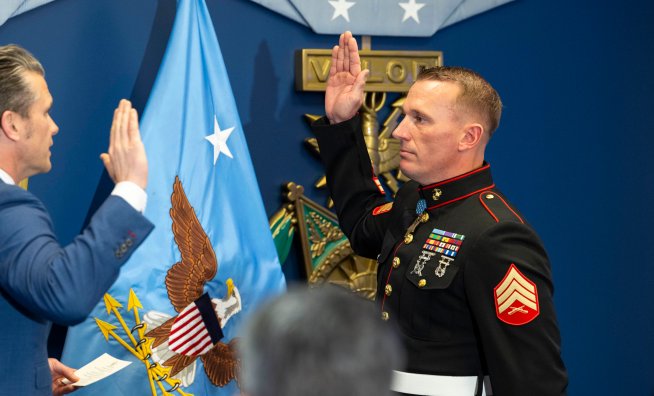 Secretary of Defense Pete Hegseth reenlists Medal of Honor recipient U.S. Marine Corps Sgt. Dakota Meyer in the Hall of Heroes at the Pentagon, Washington, D.C., April 17, 2025. (DoD photo by U.S. Navy Petty Officer 1st Class Alexander Kubitza)
