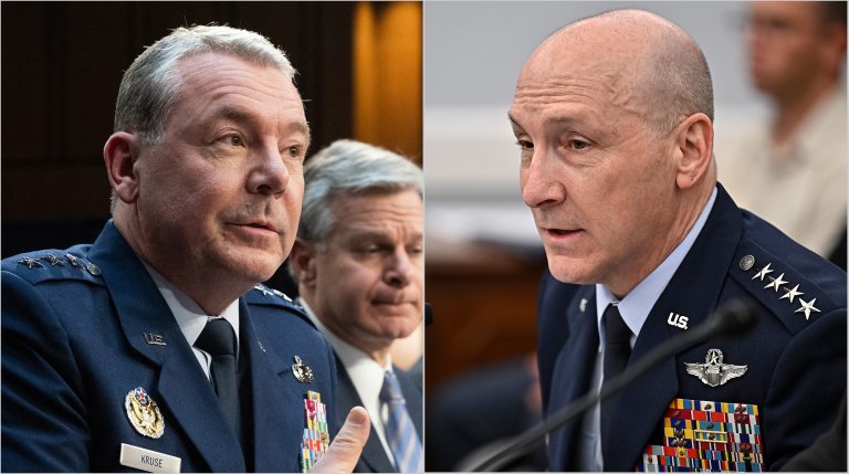 Two men in uniform in a composite. Lt. Gen. Jeffrey Kruse on the left, Air Force Chief of Staff Gen. David Allvin on the right.