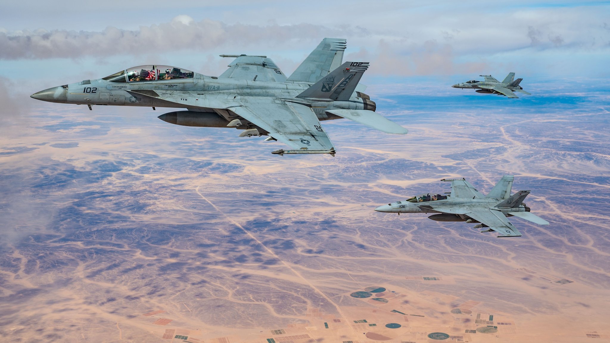 U.S. Navy F/A-18 Super Hornets, assigned to the Harry S. Truman Carrier Strike Group, fly a mission over the U.S. Central Command area of responsibility, March 3, 2025. The HSTCSG is responsible for patrolling approximately 2.5 million square miles of water space and includes the Arabian Gulf, Gulf of Oman, Red Sea, parts of the Indian Ocean and three critical choke points at the Strait of Hormuz, Suez Canal and Strait of Bab al-Mandeb. (U.S. Air Force photo by Staff Sgt. Jackson Manske)
