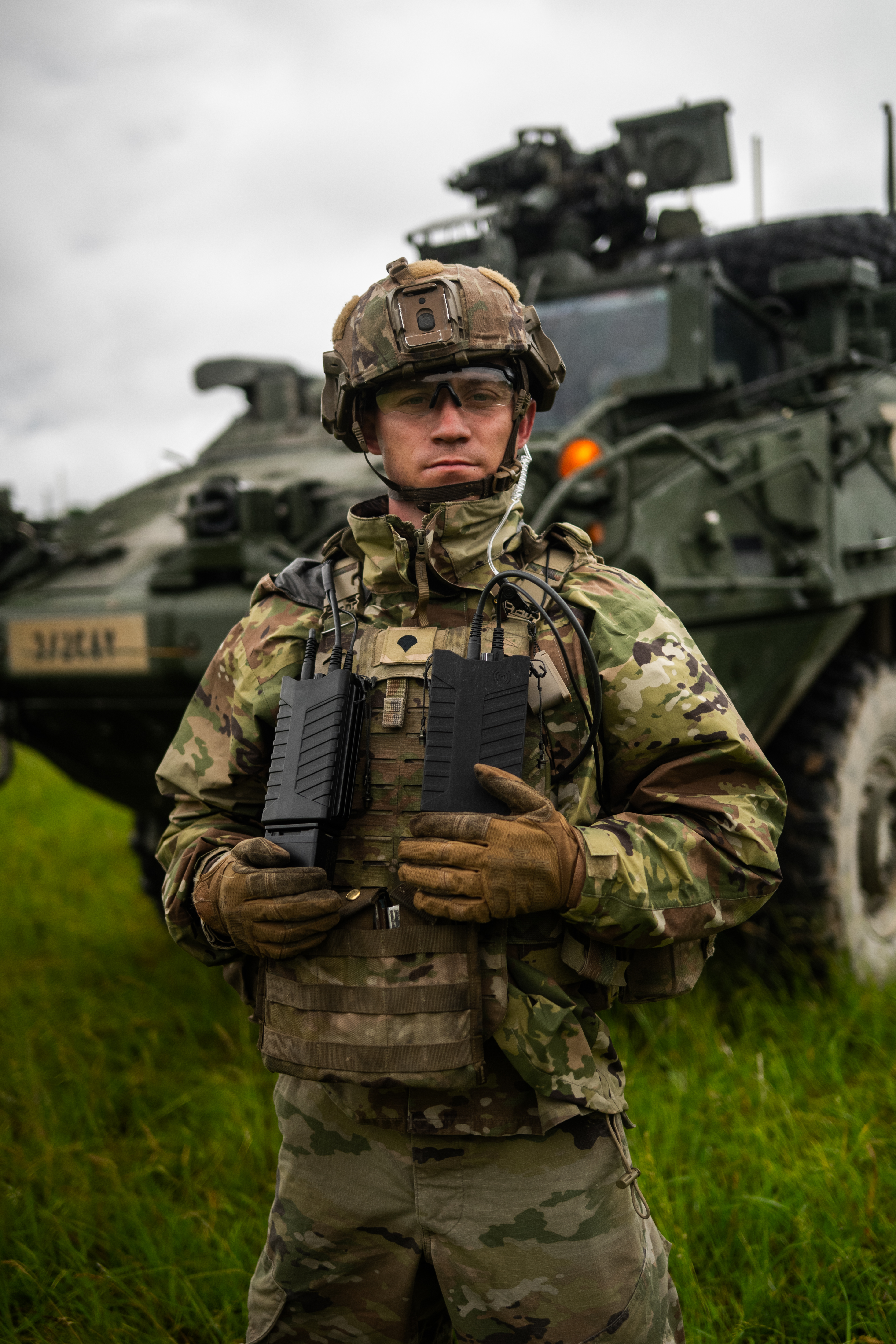 U.S. Army Spc. Ethan Flinn, assigned to 3rd Squadron, 2nd Cavalry Regiment, wears the Wingman and Pitbull portable counter-unmanned aerial system devices on his modular tactical vest during Project Flytrap at Joint Multinational Readiness Center, Hohenfels Training Area, Hohenfels, Germany, June 7, 2025. The Wingman is a vest-mountable device capable of detecting nearby UAS threats, which then notifies the end-user to activate the Pitbull radio frequency jammer when a drone is in range. (U.S. Army photo by Spc. Elijah Magaña)