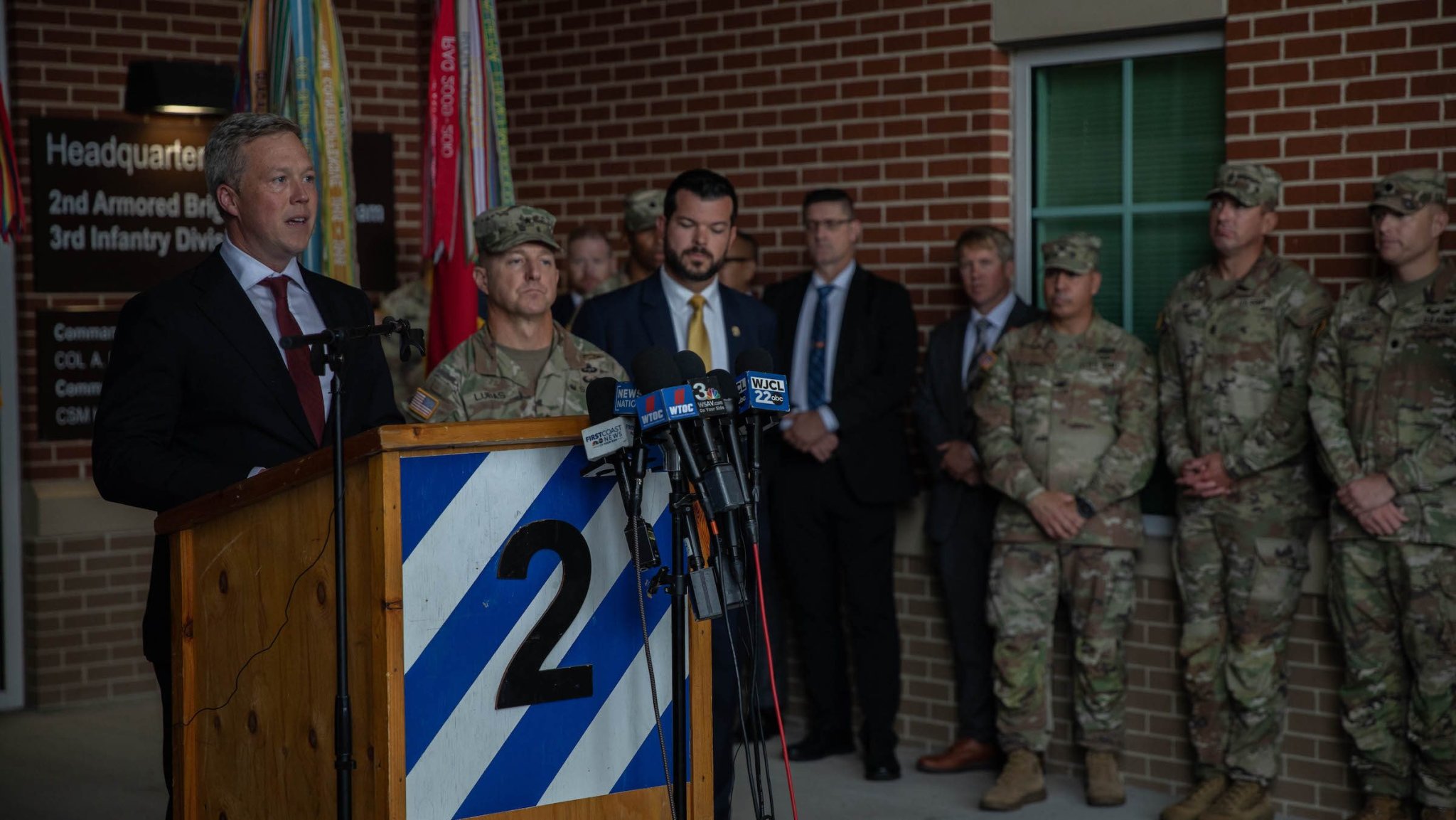 Secretary of the Army Hon. Daniel P. Driscoll addresses Soldiers, leaders, and Family members during a press brief after recognizing the bravery of Soldiers who intervened during the Fort Stewart shooting at Fort Stewart, Aug. 7, 2025. Their actions protected lives and prevented further casualties. (U.S. Army photo by Sgt. Bernabe Lopez)
