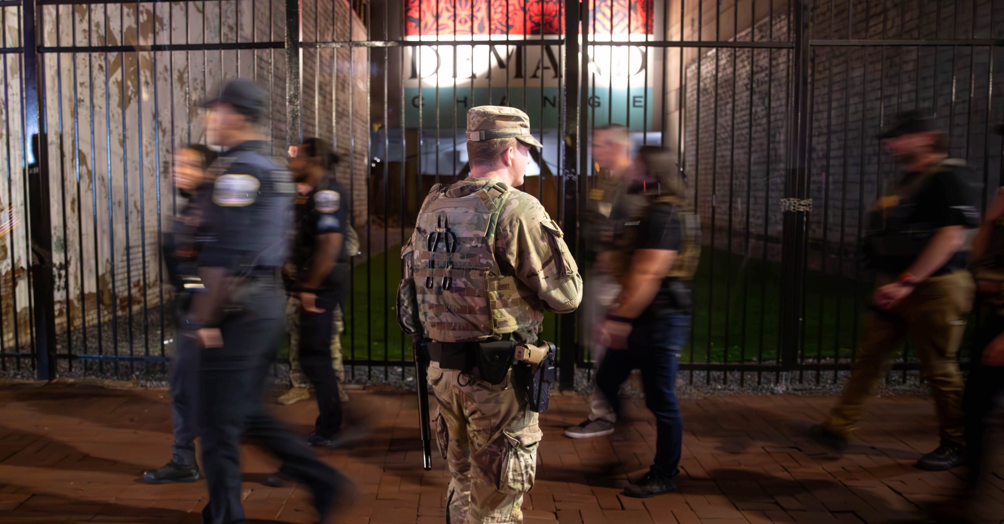 U.S. Army Spc. Hyrum Dore, assigned to the Tennessee Army National Guard, provides military police support to civil authorities in Washington, D.C., Aug. 24, 2025. About 2,000 National Guard members are supporting the D.C. Safe and Beautiful mission providing critical support to the D.C. Metropolitan Police Department in ensuring the safety of all who live, work and visit the District. (U.S. Army National Guard photo by Sgt. Kalina Hyche)