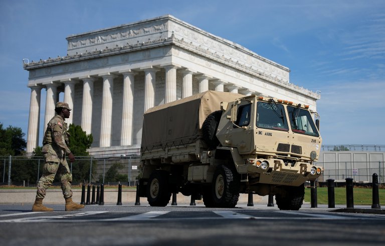 WASHINGTON, DC - AUGUST 14: A National Guard vehicle is parked near the Lincoln Memorial on August 14, 2025 in Washington, DC. President Donald Trump announced plans to deploy federal officers and the National Guard to the District in order to place the DC Metropolitan Police Department under federal control and assist in crime prevention in the nation's capital. (Photo by Kevin Dietsch/Getty Images)