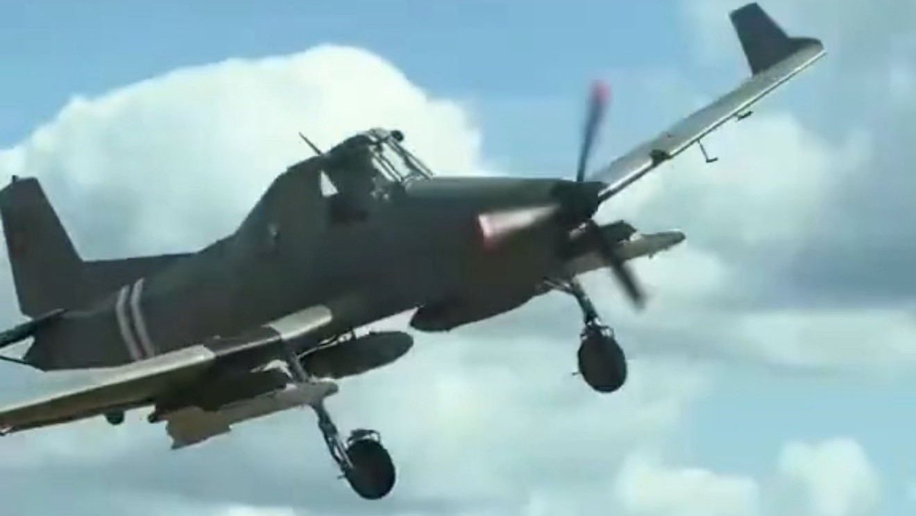 A Z-137 crop duster plane with two missiles under its wings flies over the skies of Ukraine.
